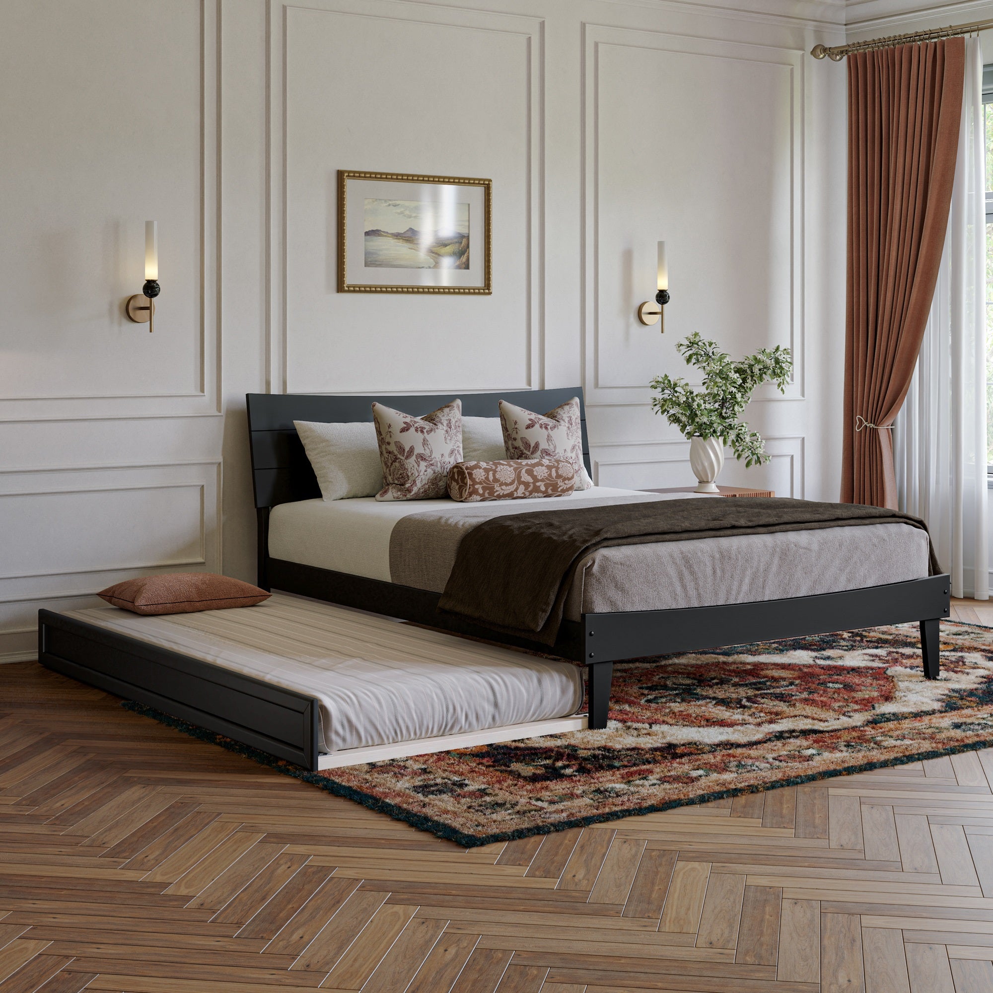 Phoenix Queen Platform Bed with Twin XL Trundle in Black