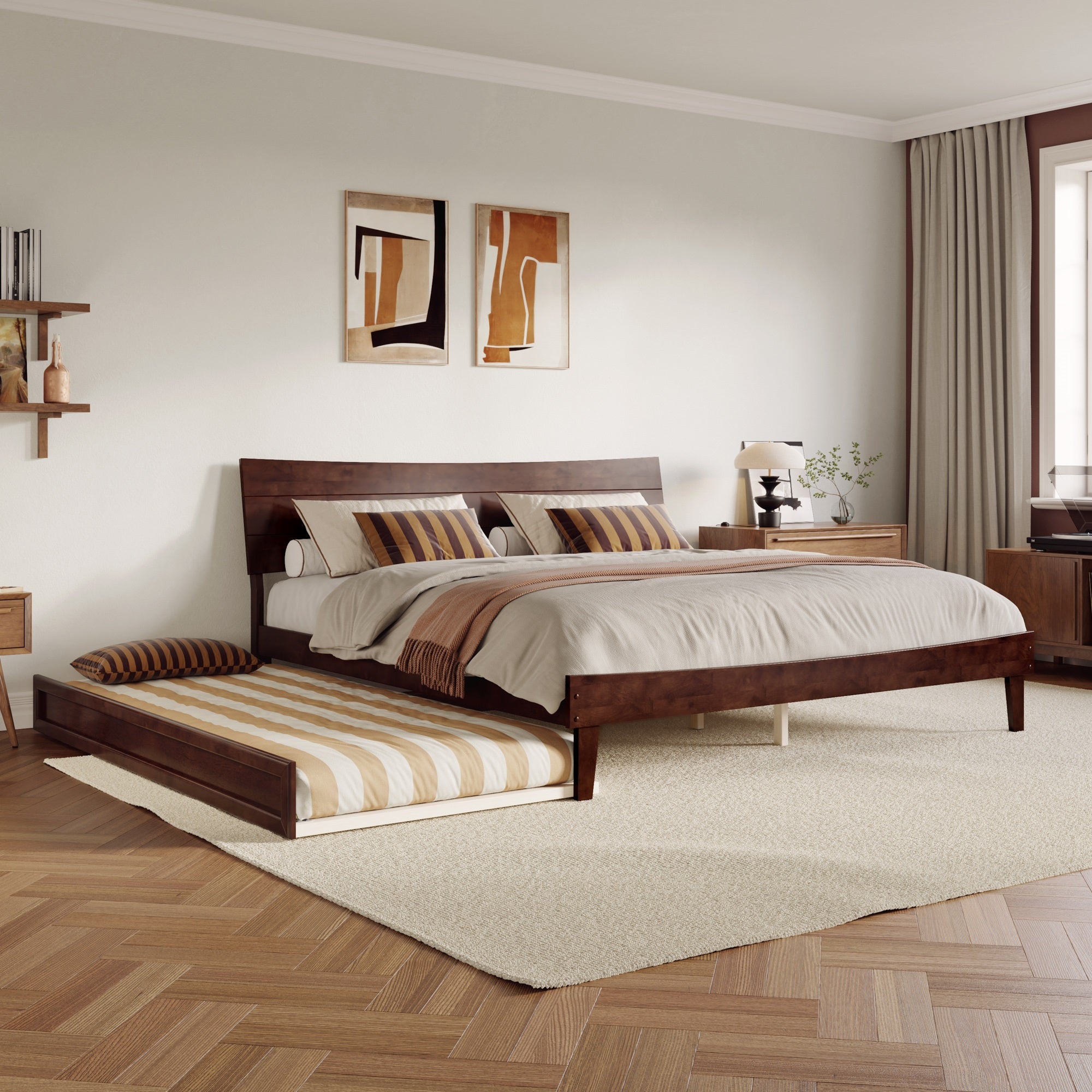 Phoenix King Platform Bed with Twin XL Trundle in Walnut
