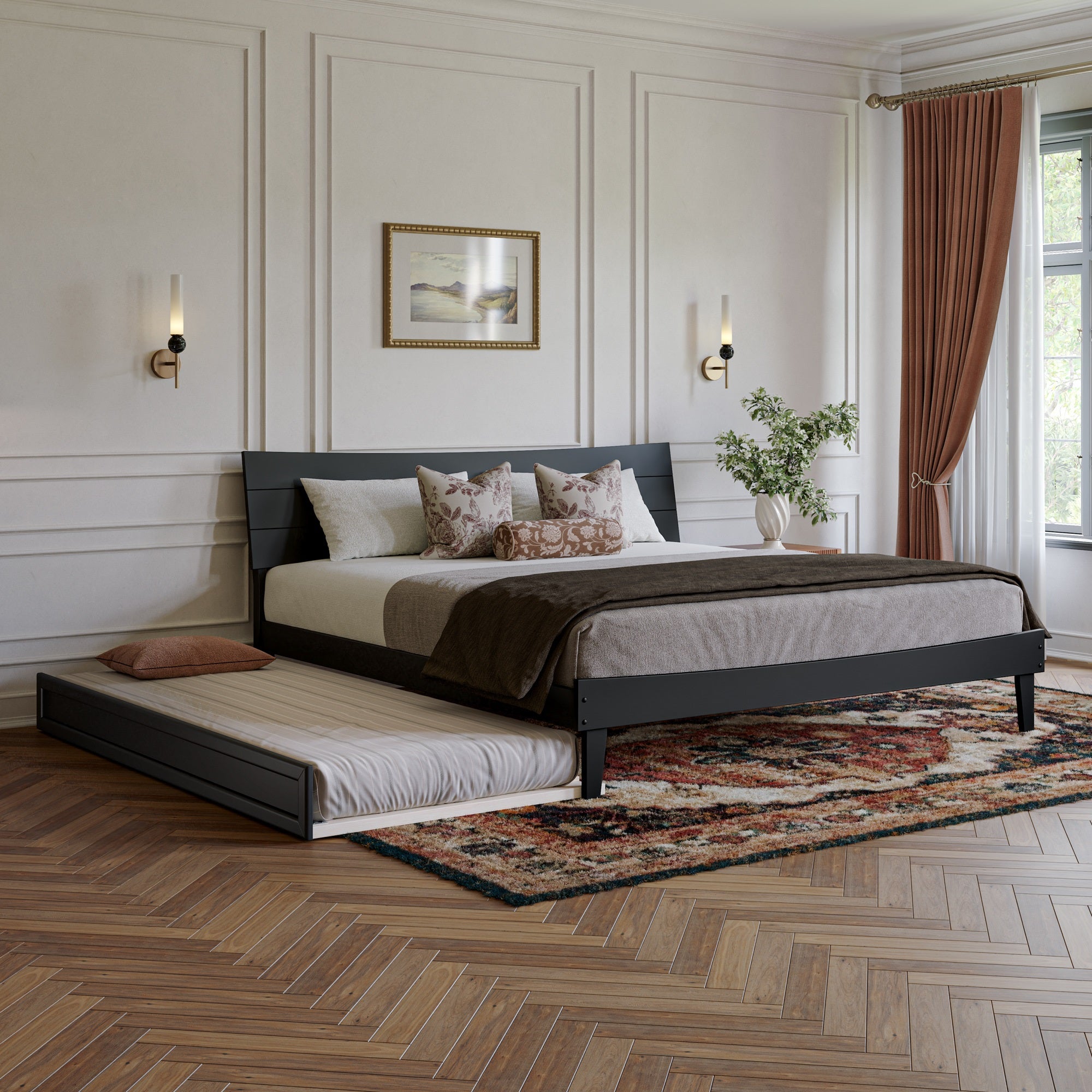 Phoenix King Platform Bed with Twin XL Trundle in Black