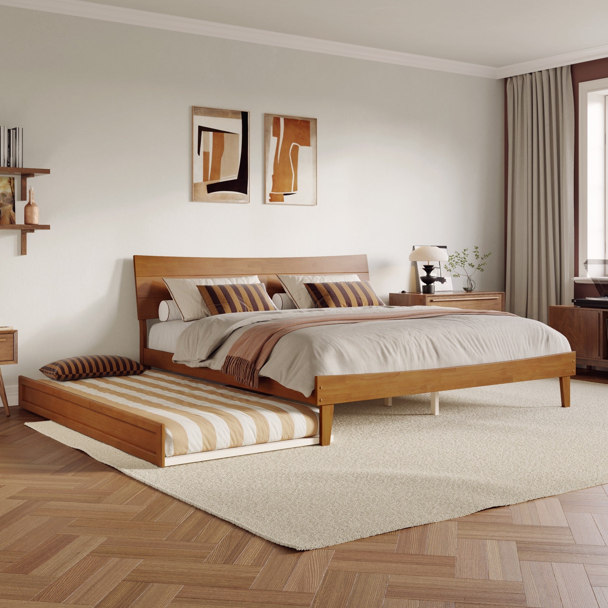 Phoenix King Platform Bed with Twin XL Trundle in Light Toffee