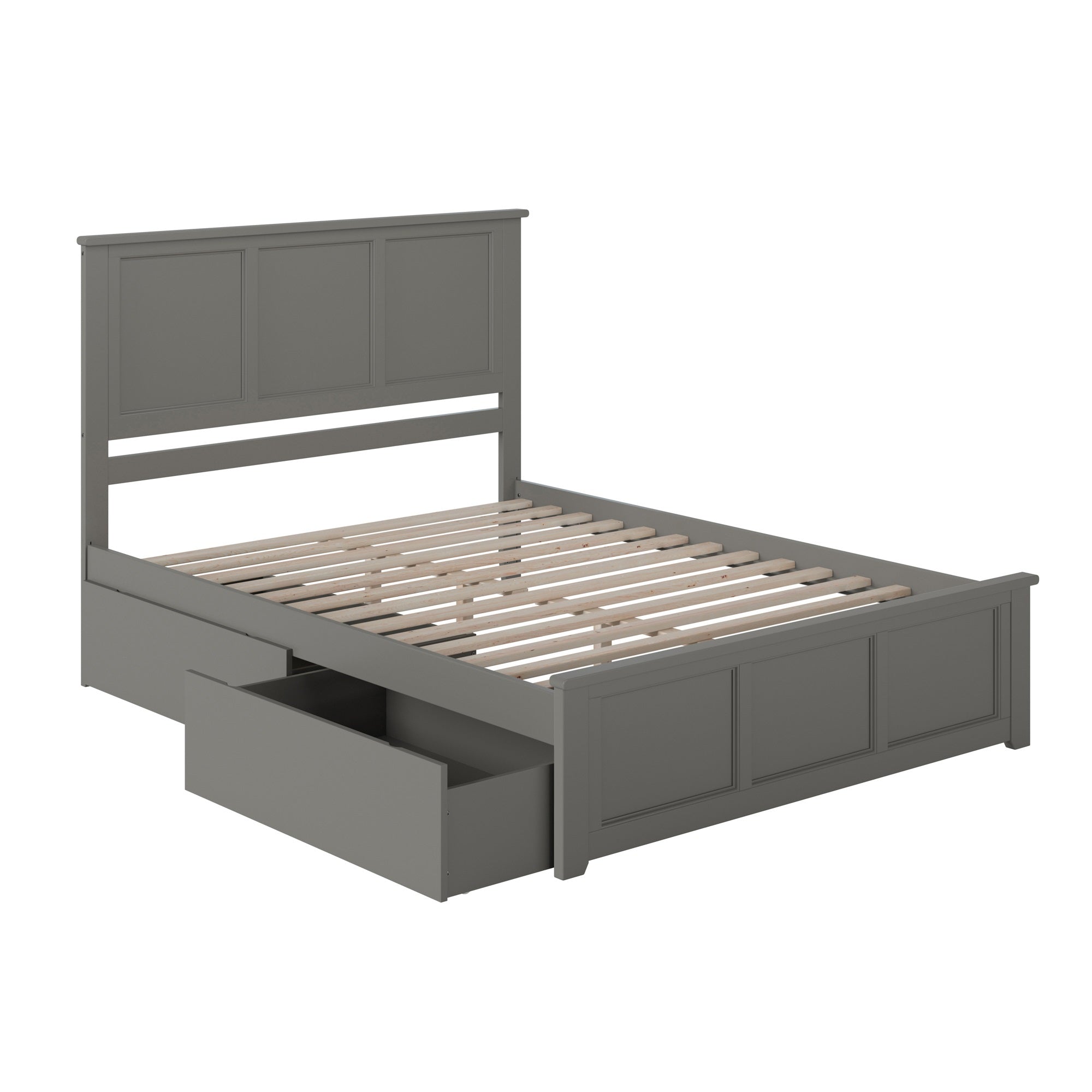 Madison Queen Solid Wood Platform Bed with Matching Footboard & 2 Storage Drawers in Grey