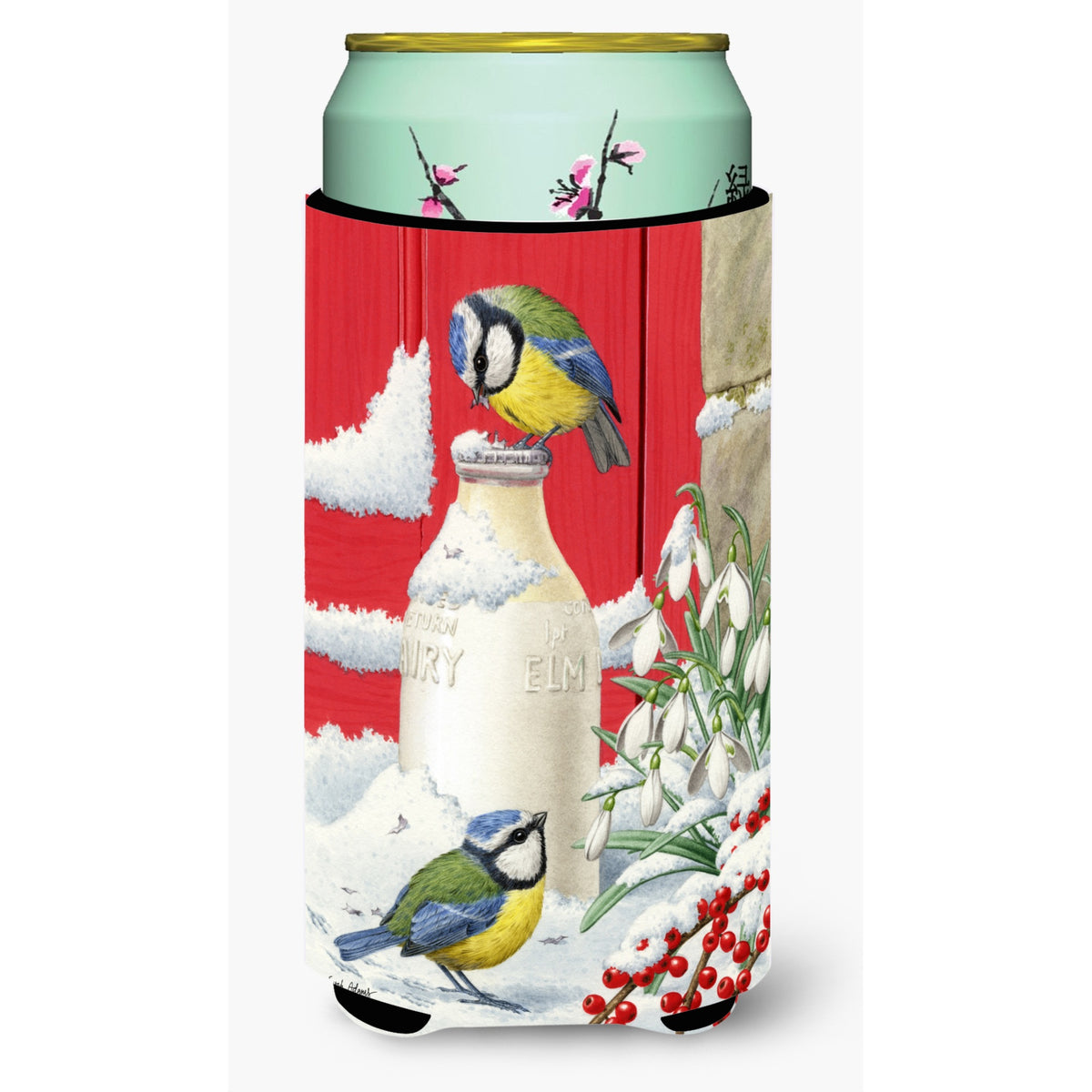 Caroline'S Treasures Eurasian Blue Tits Birds And Milk Bottles Tall Boy Koozie Hugger, Multicolor