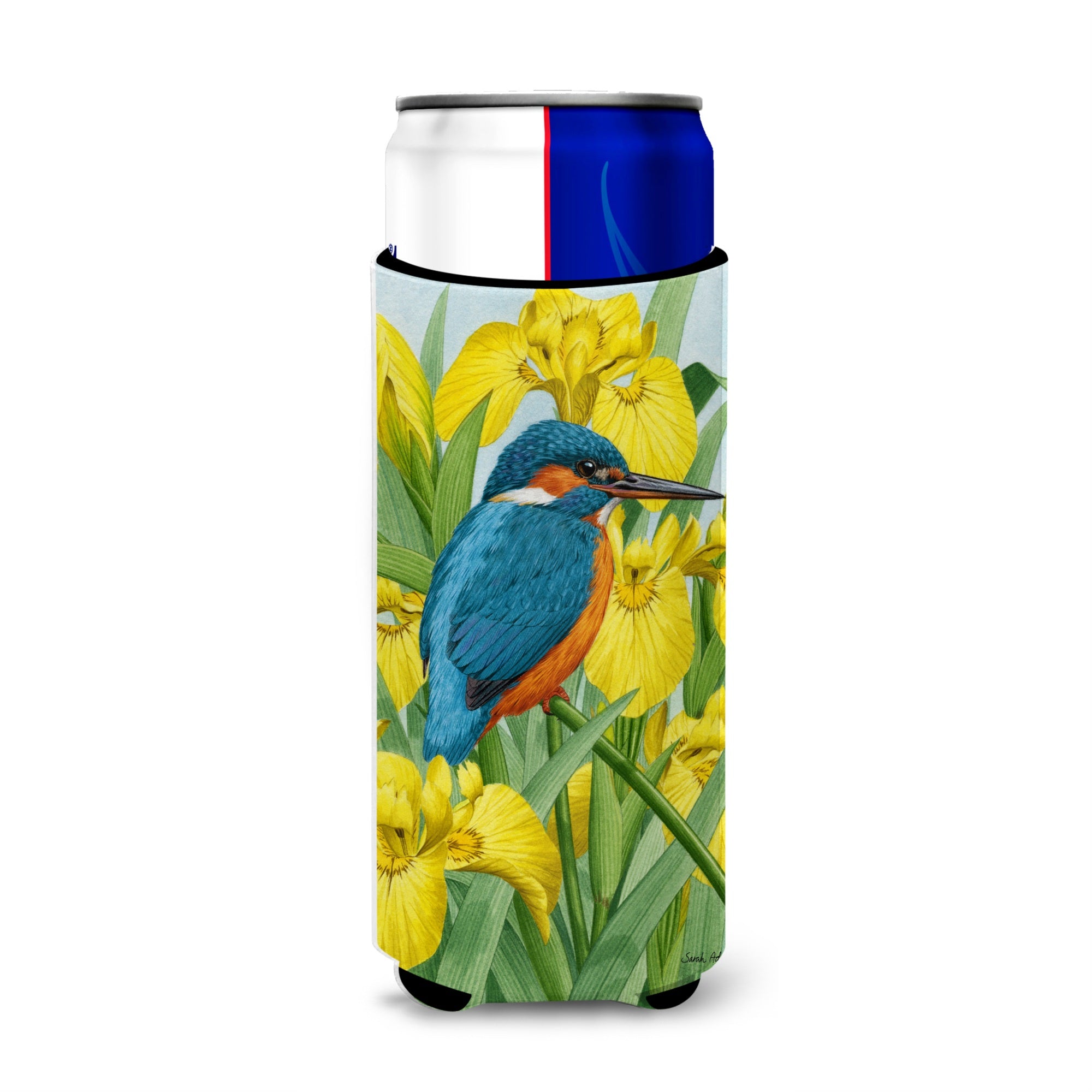 Caroline'S Treasures Kingfisher In Yellow Irises Michelob Ultra Koozies For Slim Cans, Multicolor