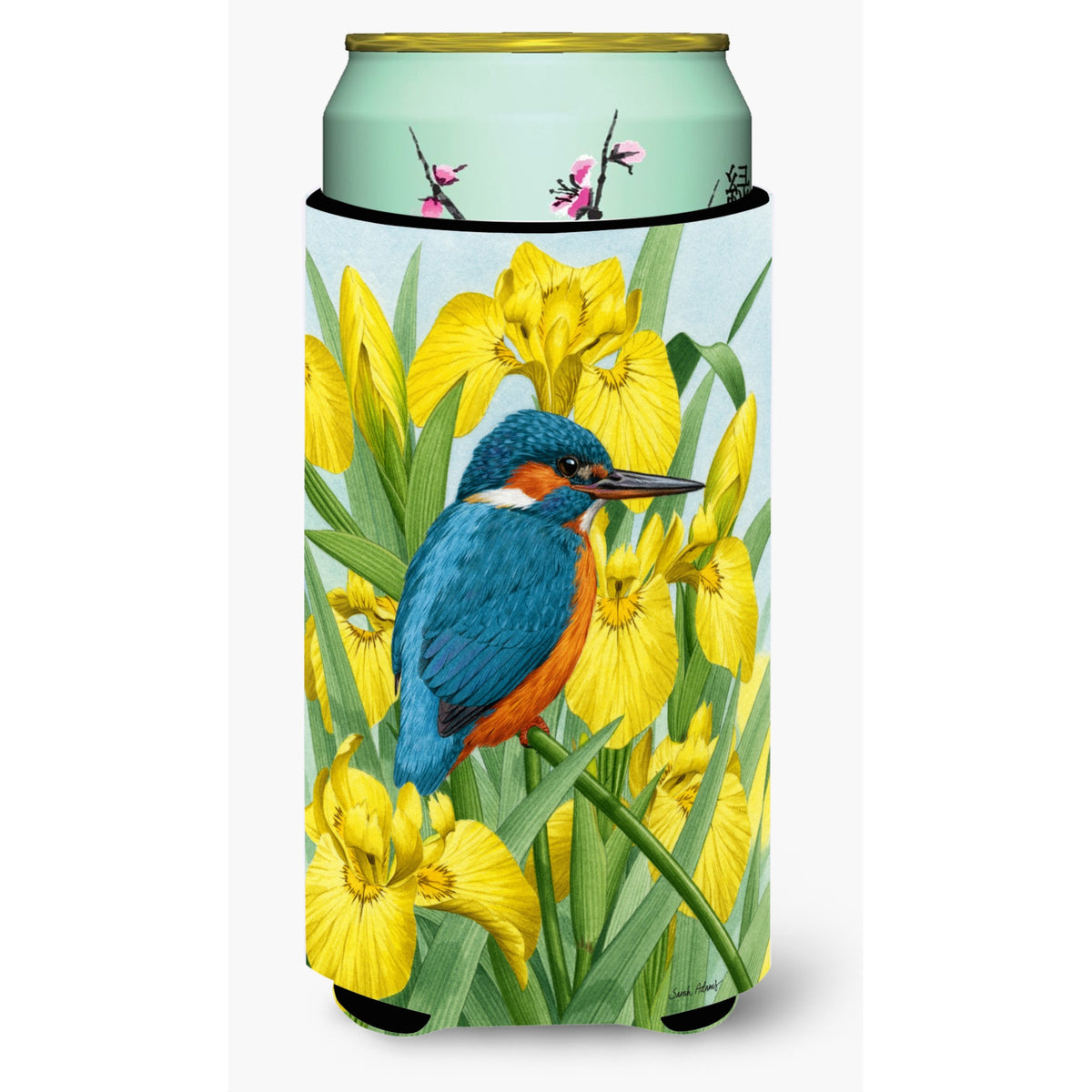 Caroline'S Treasures Kingfisher In Yellow Irises Tall Boy Koozie Hugger, Multicolor
