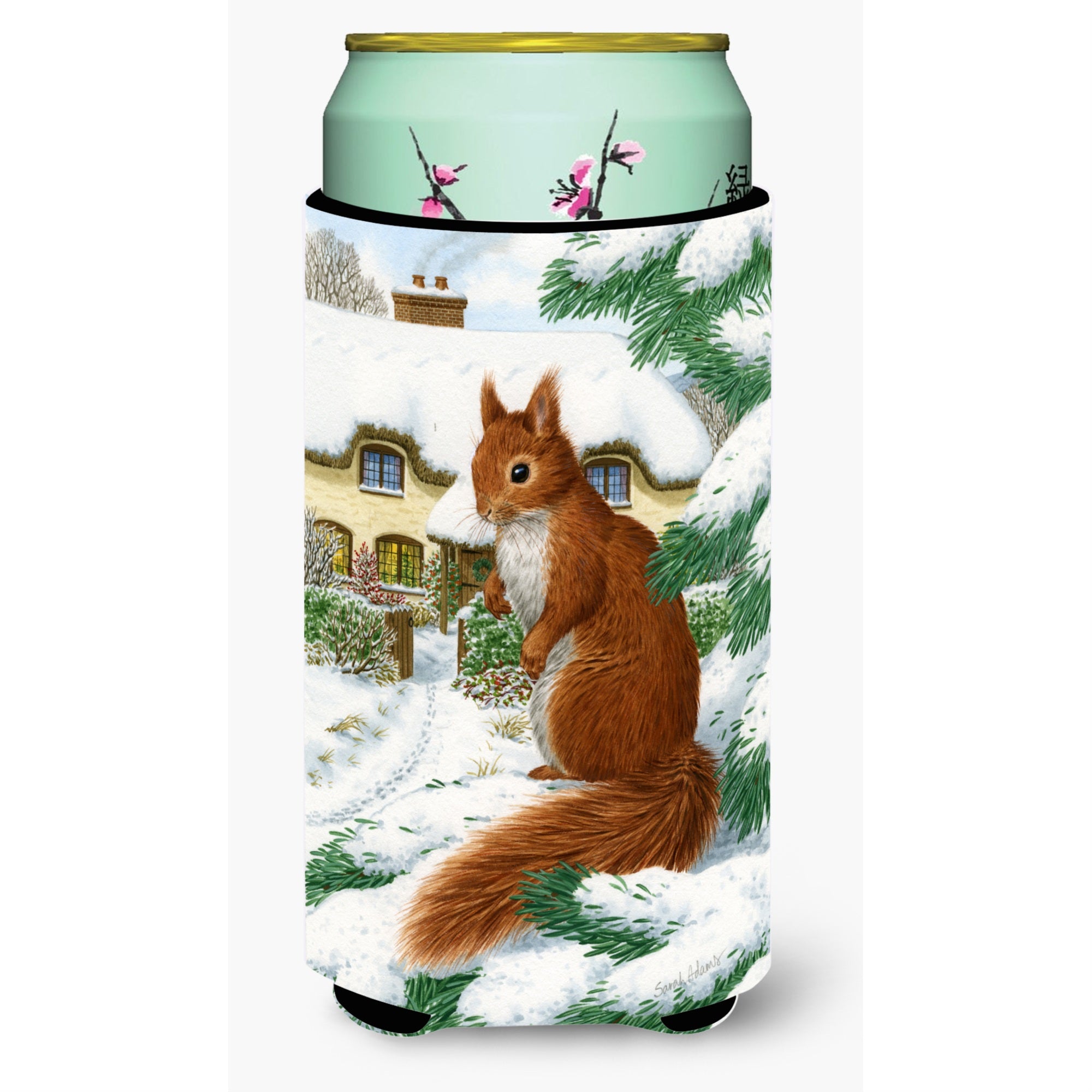 Caroline'S Treasures Red Squirrel And Cottage Tall Boy Koozie Hugger, Multicolor