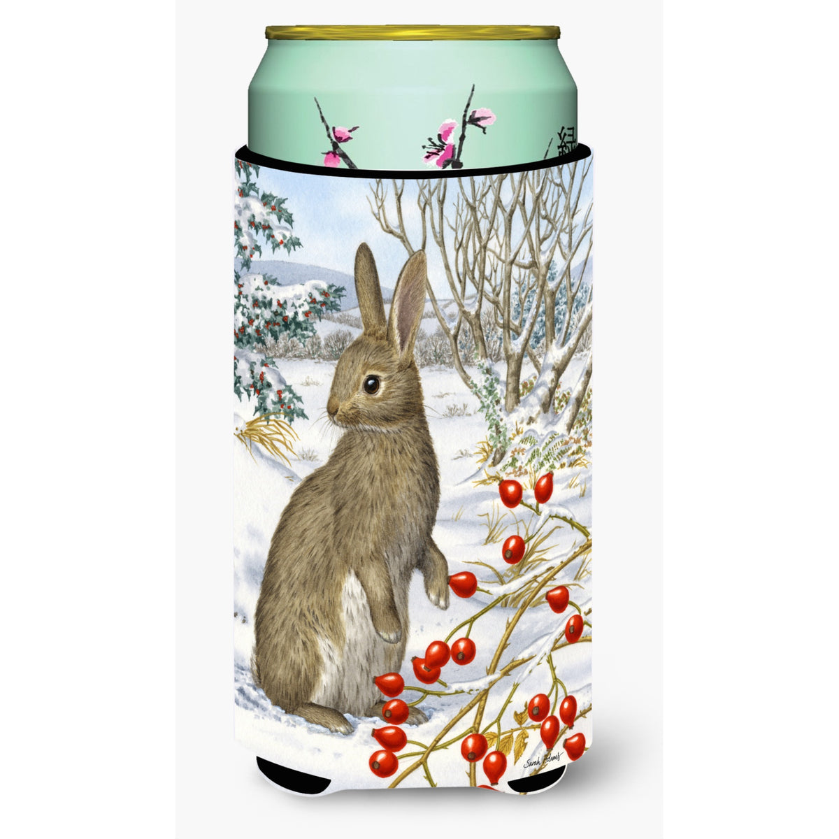 Caroline'S Treasures Rabbit With Berries Tall Boy Koozie Hugger, Multicolor