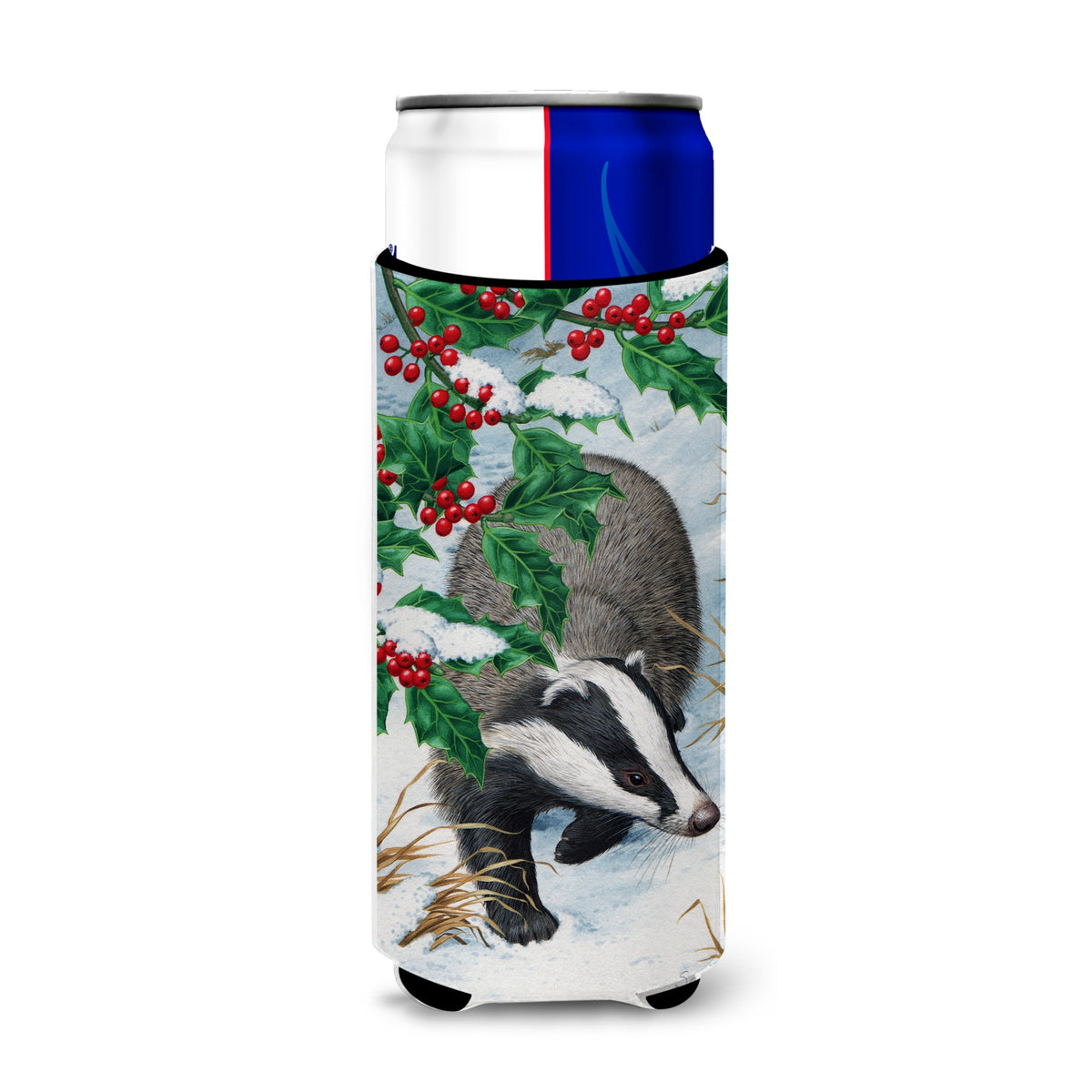 Caroline'S Treasures Badgers With Holly Berries Michelob Ultra Koozies For Slim Cans, Multicolor