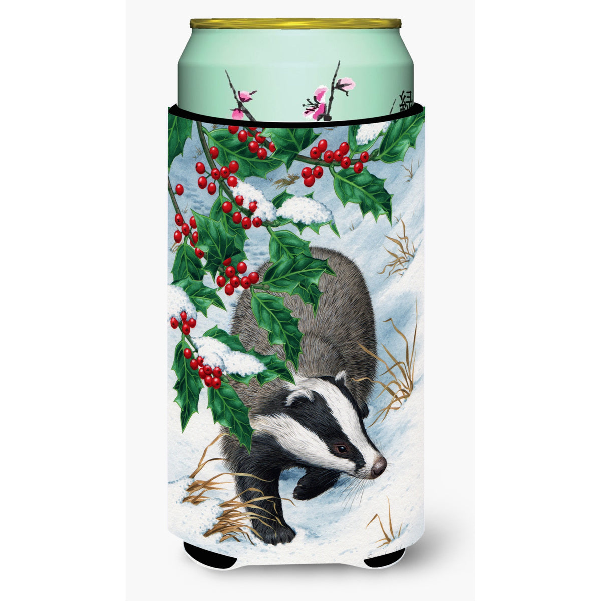 Caroline'S Treasures Badgers With Holly Berries Tall Boy Koozie Hugger, Multicolor