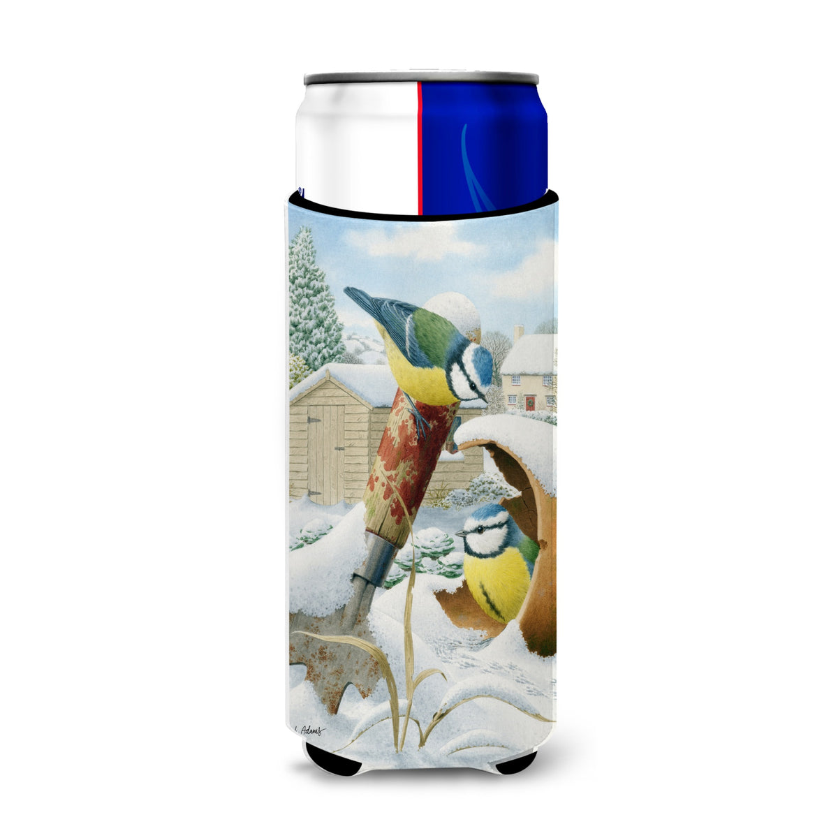Caroline'S Treasures Eurasian Blue Tits Birds In Flower Pot Michelob Ultra Koozies For Slim Cans, Multicolor