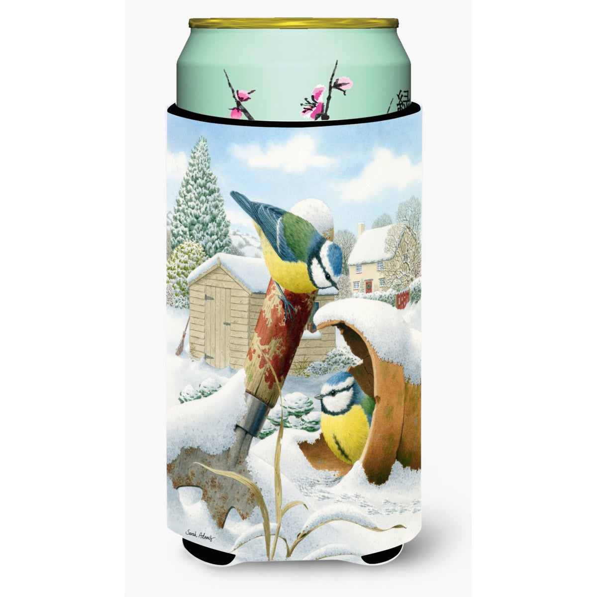 Caroline'S Treasures Eurasian Blue Tits Birds In Flower Pot Tall Boy Koozie Hugger, Multicolor