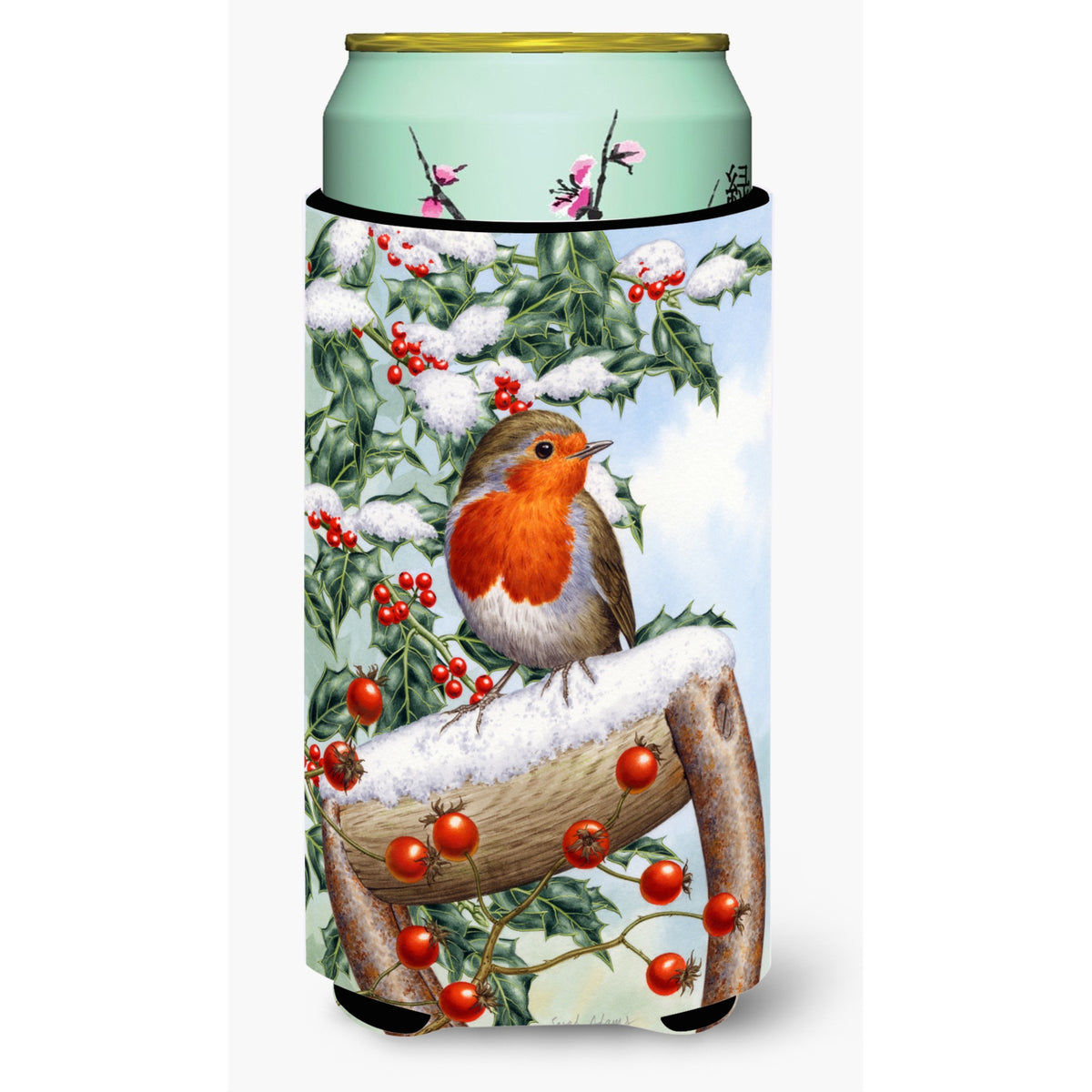 Caroline'S Treasures European Garden Robin Tall Boy Koozie Hugger, Multicolor