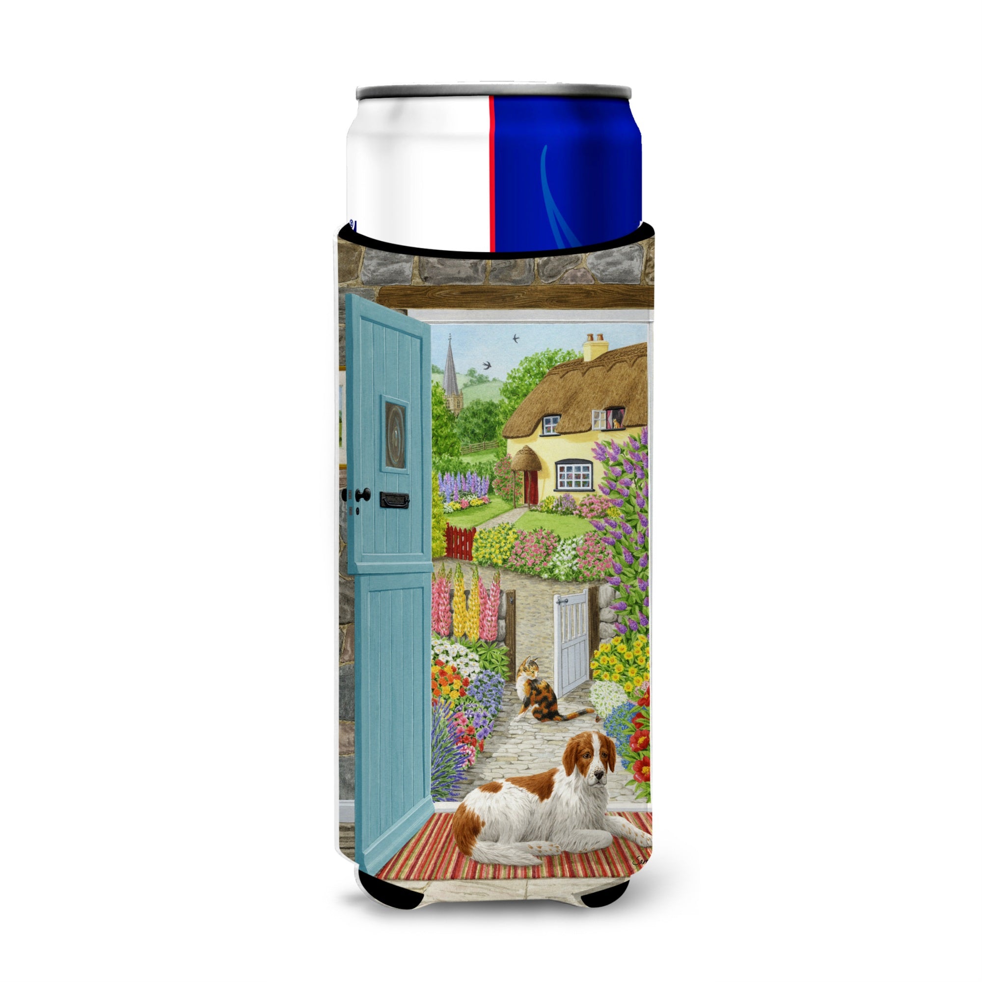 Caroline'S Treasures Welsh Springer Spaniel At The Cottage Door Michelob Ultra Koozies For Slim Cans, Multicolor