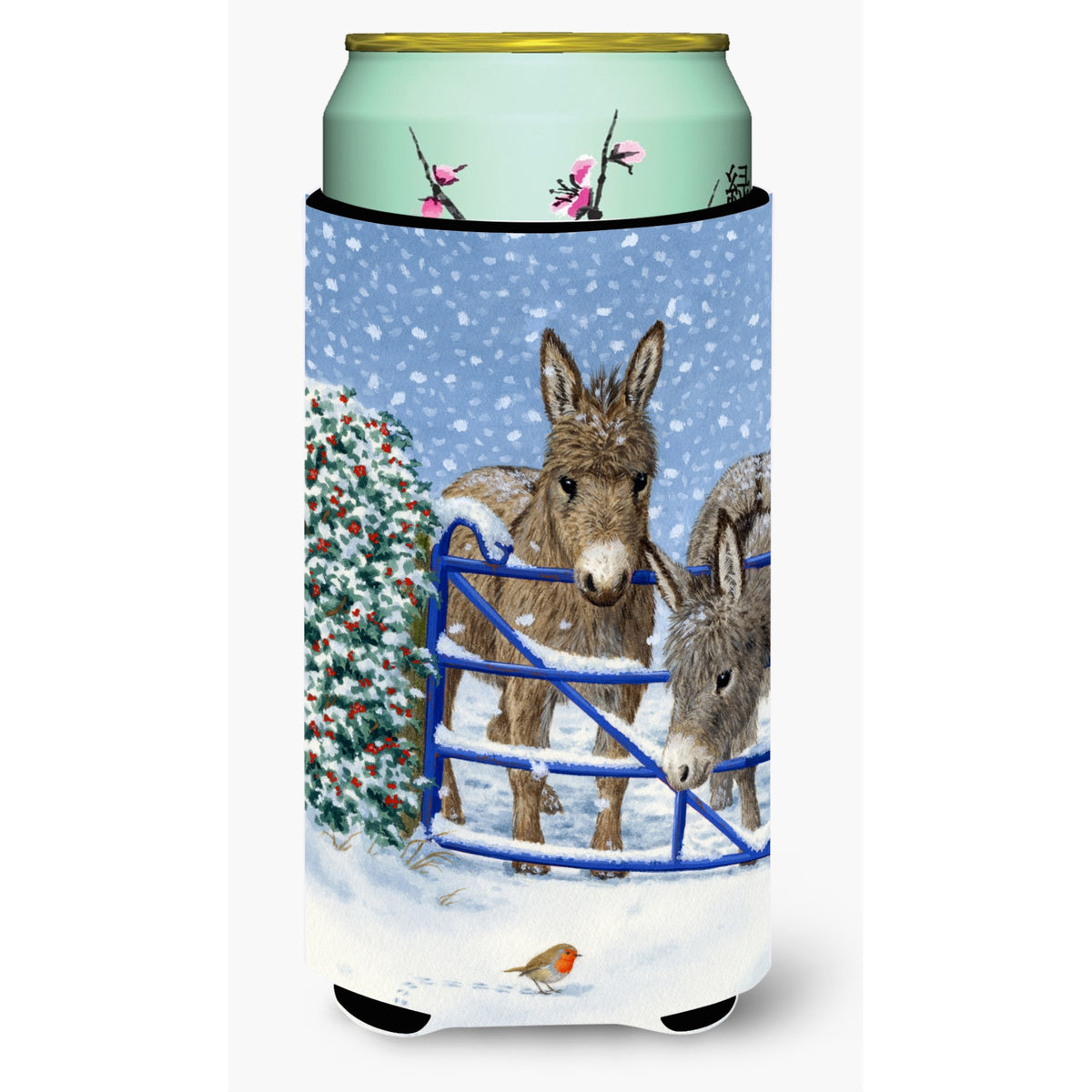 Caroline'S Treasures Donkeys And Robin Tall Boy Koozie Hugger, Multicolor