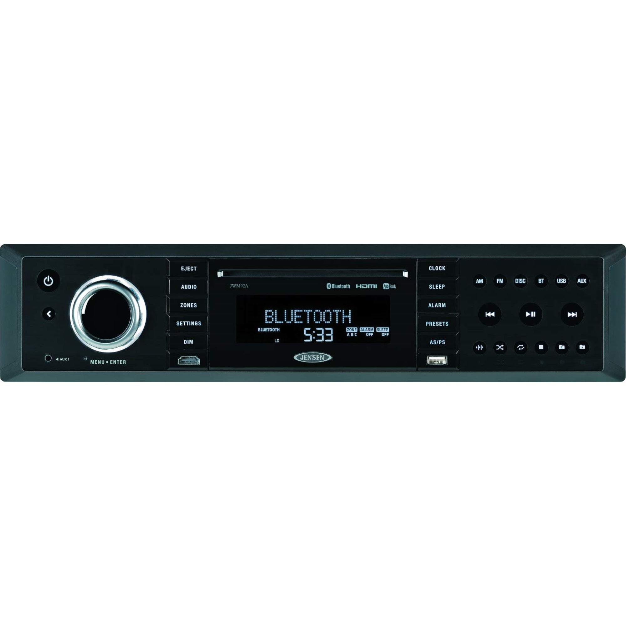 Jensen Jwm92A 3-Speaker Zones Slimline Theater-Style Dvd|Usb|Aux|Hdmi|App Ready Bluetooth Wallmount Stereo, Speaker Output 20X 8 Watt, Plays: Cd/Cd-R/Cd-Rw/Dvd/Dvd+R/Dvd+Rw/Dvd-R/Dvd-Rw/Mp3/Wma/Jpeg