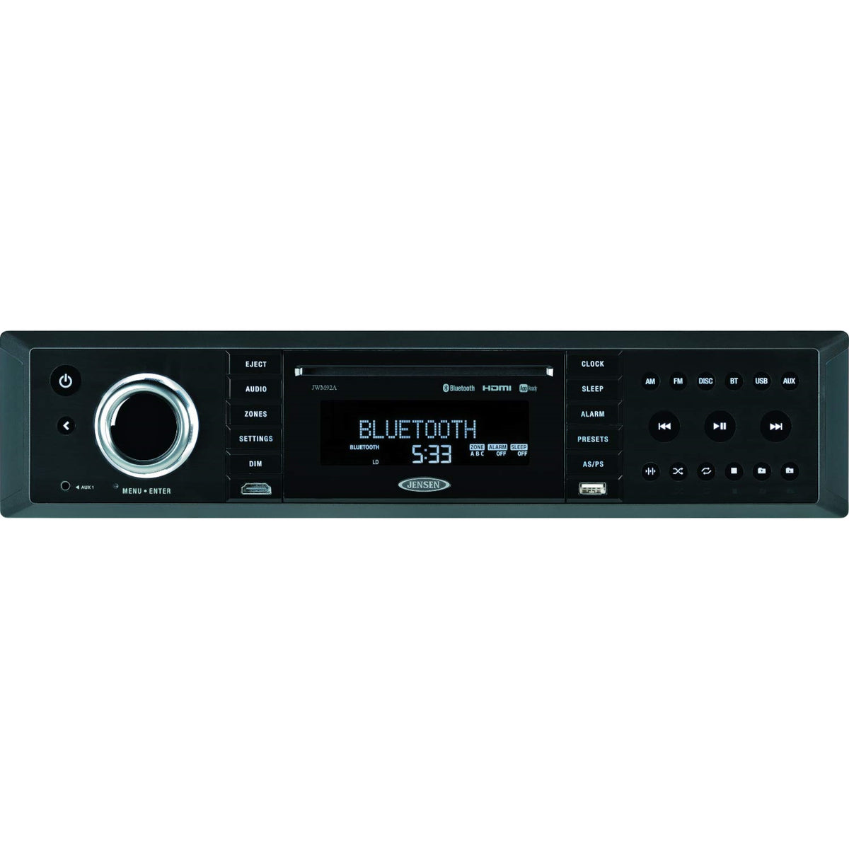Jensen Jwm92A 3-Speaker Zones Slimline Theater-Style Dvd|Usb|Aux|Hdmi|App Ready Bluetooth Wallmount Stereo, Speaker Output 20X 8 Watt, Plays: Cd/Cd-R/Cd-Rw/Dvd/Dvd+R/Dvd+Rw/Dvd-R/Dvd-Rw/Mp3/Wma/Jpeg