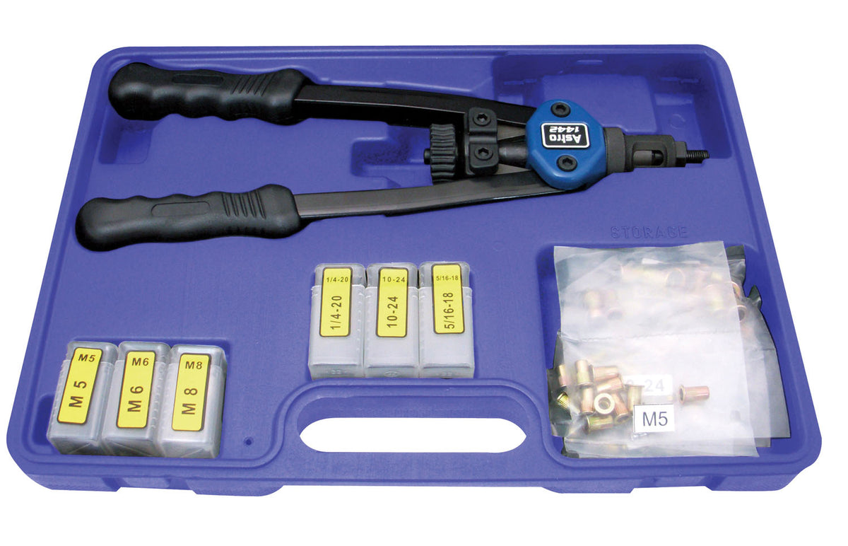 13 Nut/Thread Setting Hand Riveter Kit With 6 Pc. Sae Mandrel/Nosepiece Sets And Rivet Nut Set