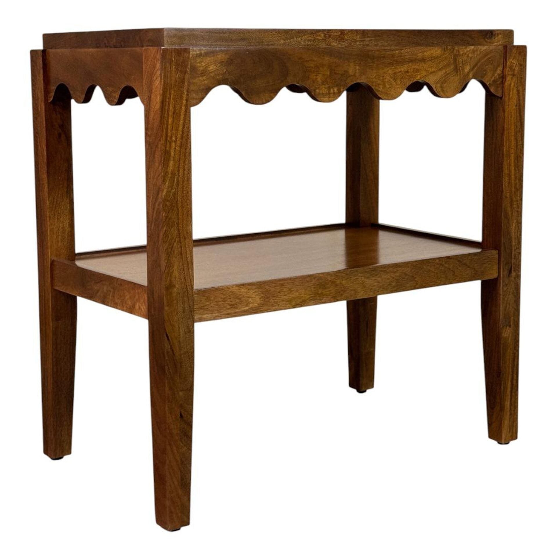 Carolina Chair & Table Scallop Accent Table - Rectangular Mango Wood Side Table - Decorative Edge and Lower Shelf