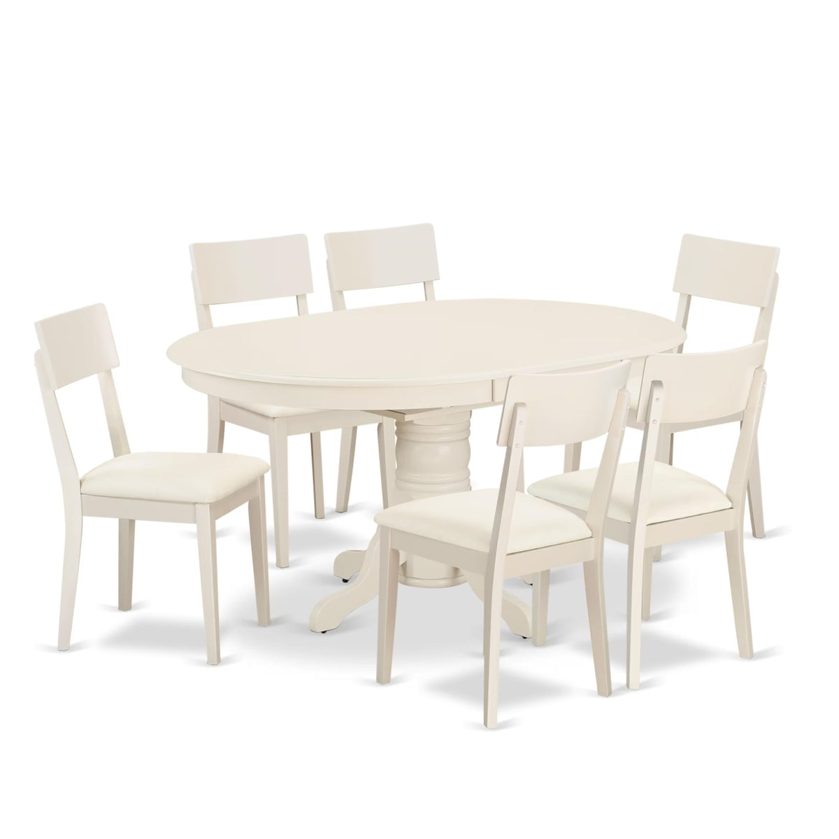 Casafoyer Avad7-Lwh-Lc 7 Piece Dining Table Set Consist Of An Oval Dining Room Table With  Leaf And 6 Faux Leather Upholstered Chairs, 42X60 Inch, Linen White