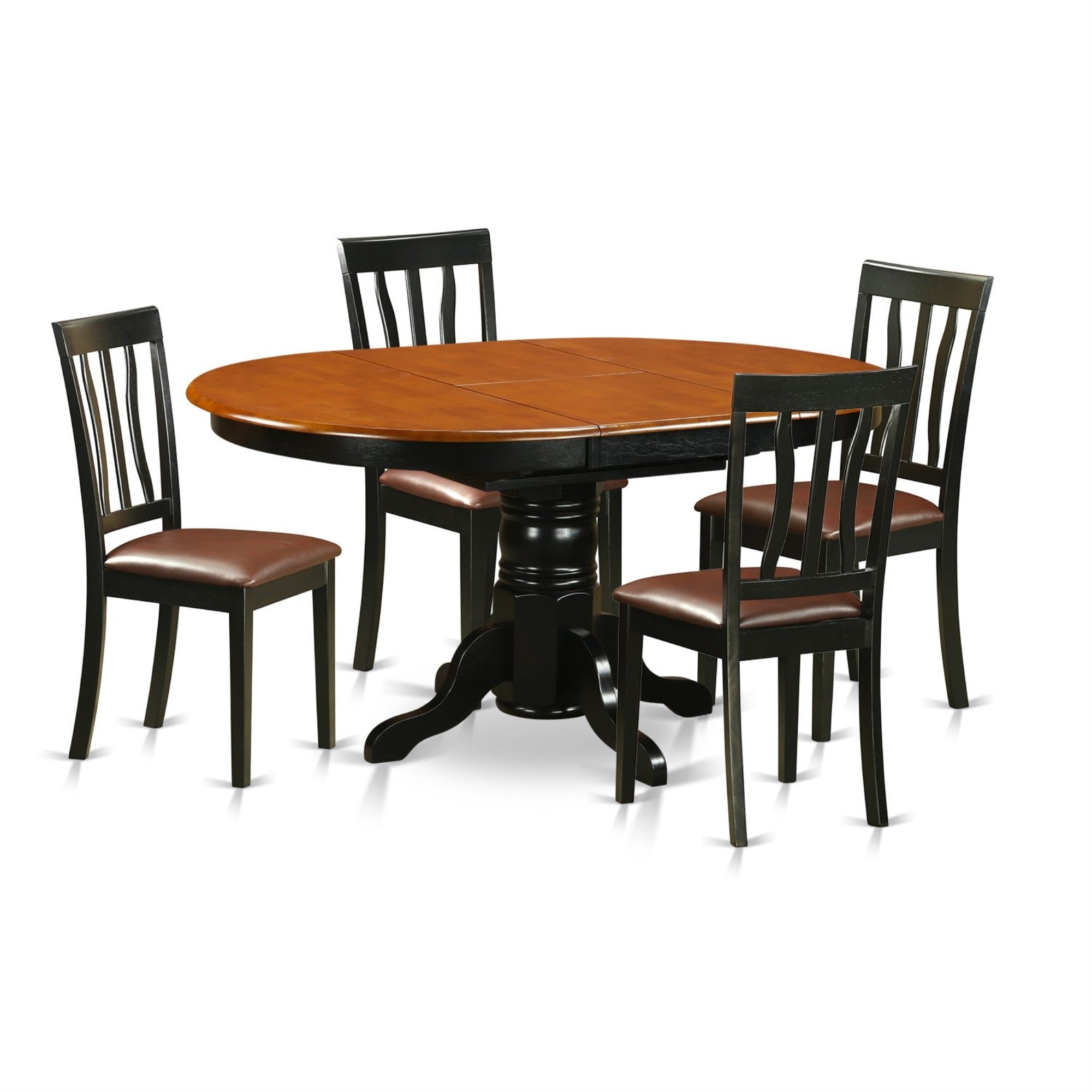 Ergode Avon, 5 Piece Set For 4, Oval Table With Butterfly Leaf, 4 Faux Leather Dining Chairs, 42X60 Inch, Avat5-Blk-Lc