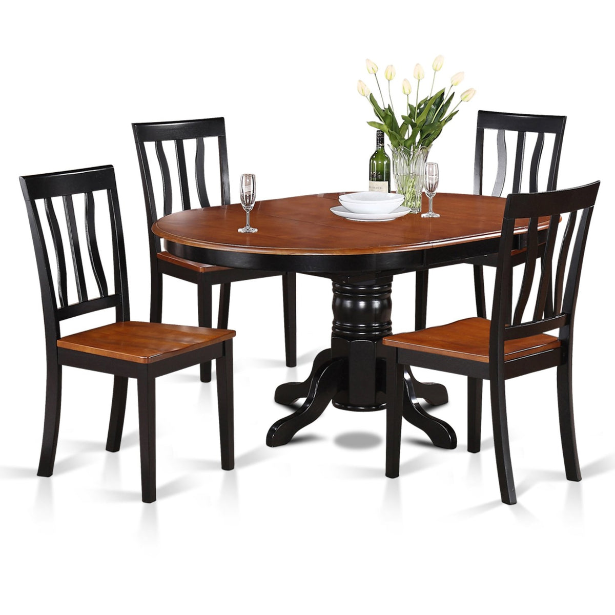 Avat5-Blk-W Dining Table Set, Butterfly Leaf Kitchen Table, 5-Piece Set, Asian Rubber Wood, Black Wooden Chairs, Classic Style, Easy Assembly, 42X60 Inch, Black & Cherry