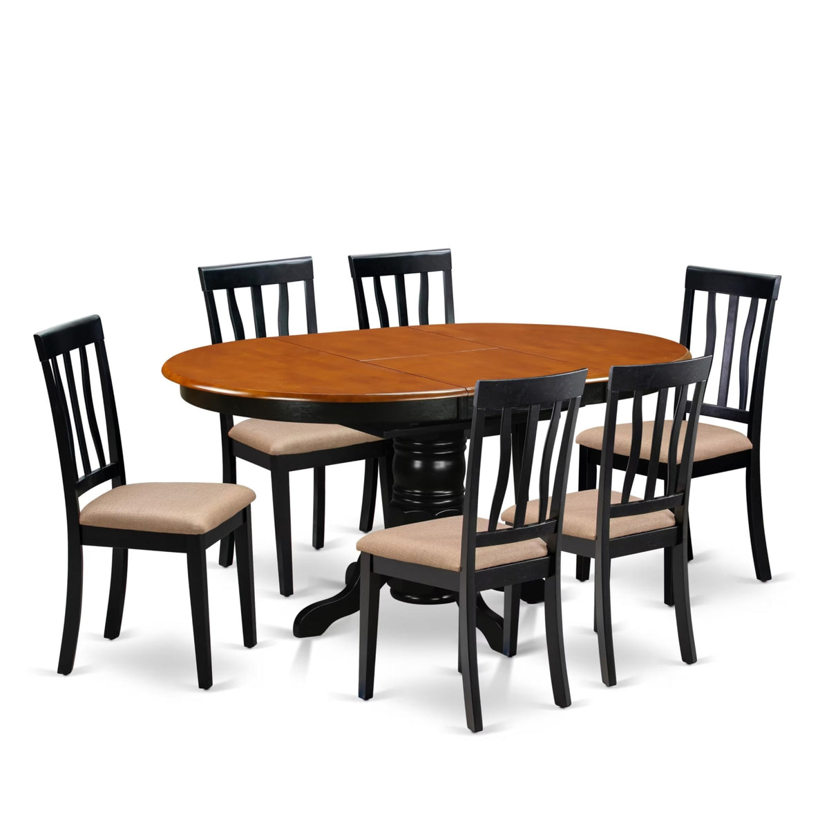 Casafoyer Avat7-Blk-C 7 Piece Kitchen Table Set Consist Of An Oval Dining Table With  Leaf And 6 Linen Fabric Upholstered Dining Chairs, 42X60 Inch, Black & Cherry