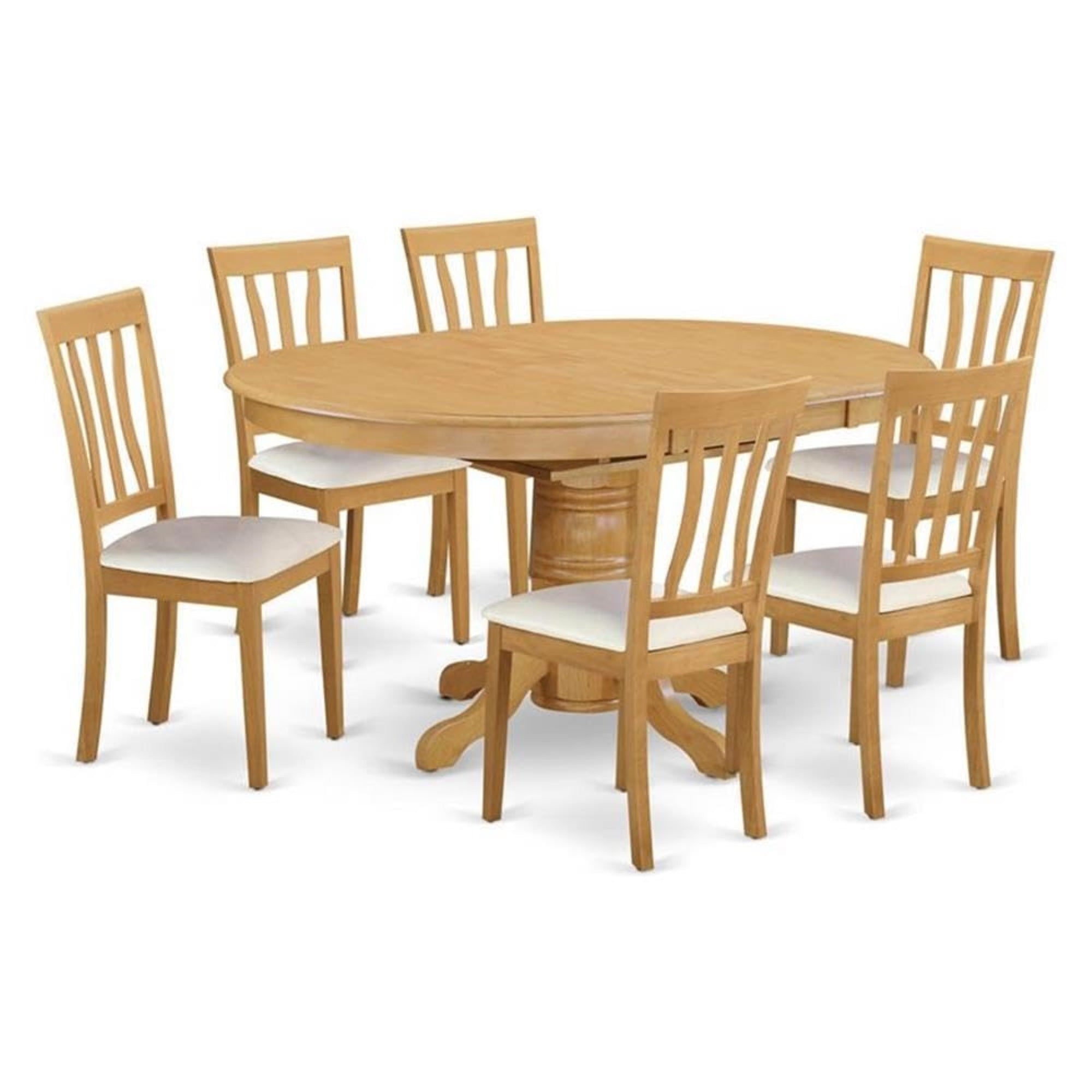Casafoyer Avat7-Oak-Lc 7 Pc Dinette Table With Leaf And 6 Faux Leather Seat Chairs In Oak. Oak/Oval/Faux Leather Seat