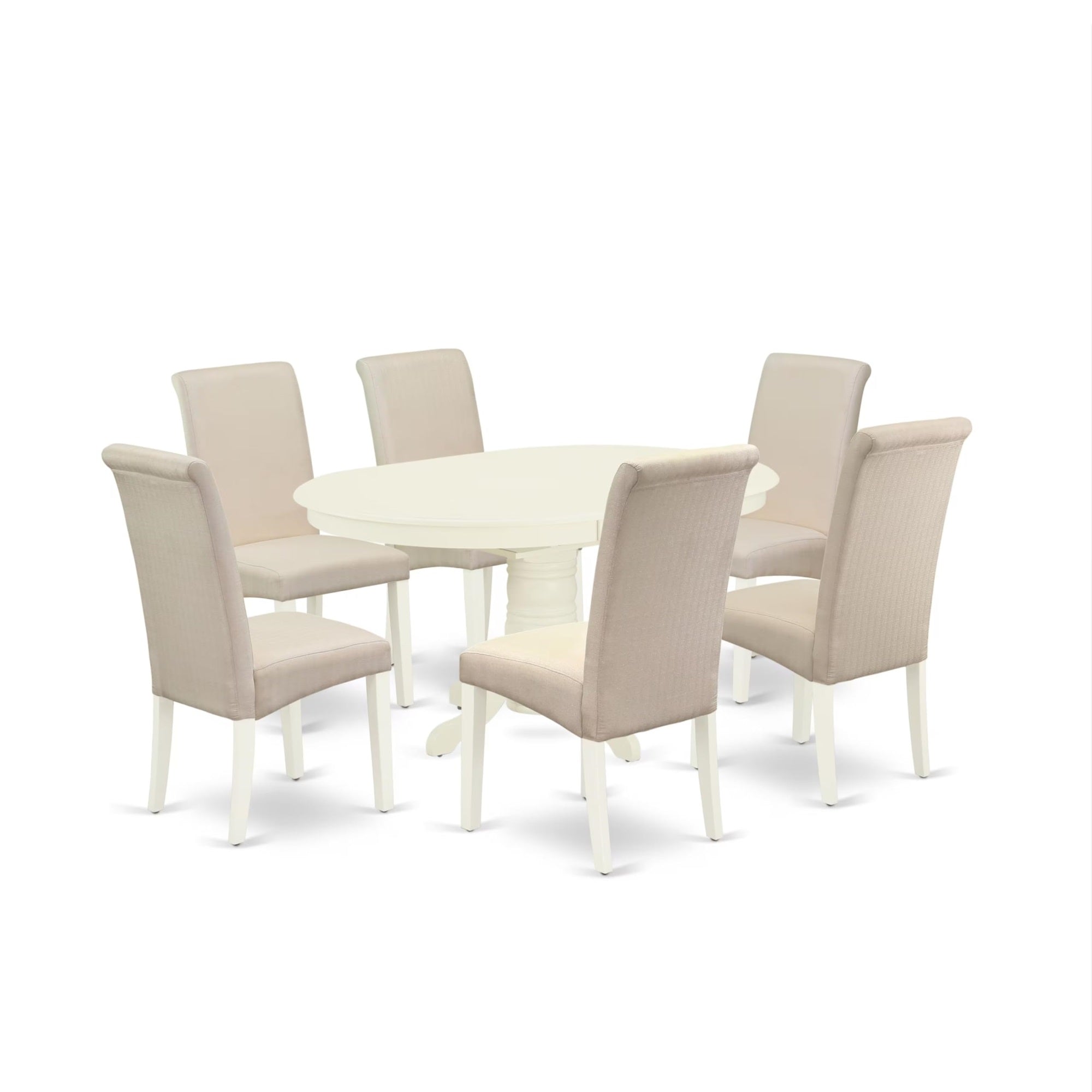 Casafoyer Avba7-Lwh-01 7 Piece Dining Table Set Consist Of An Oval Dining Room Table With  Leaf And 6 Cream Linen Fabric Upholstered Chairs, 42X60 Inch, Linen White