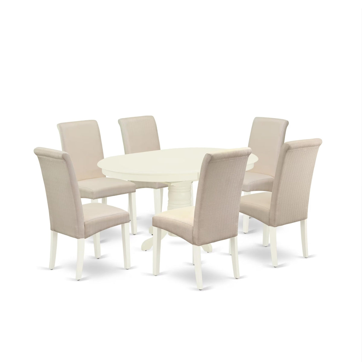 Casafoyer Avba7-Lwh-01 7 Piece Dining Table Set Consist Of An Oval Dining Room Table With  Leaf And 6 Cream Linen Fabric Upholstered Chairs, 42X60 Inch, Linen White