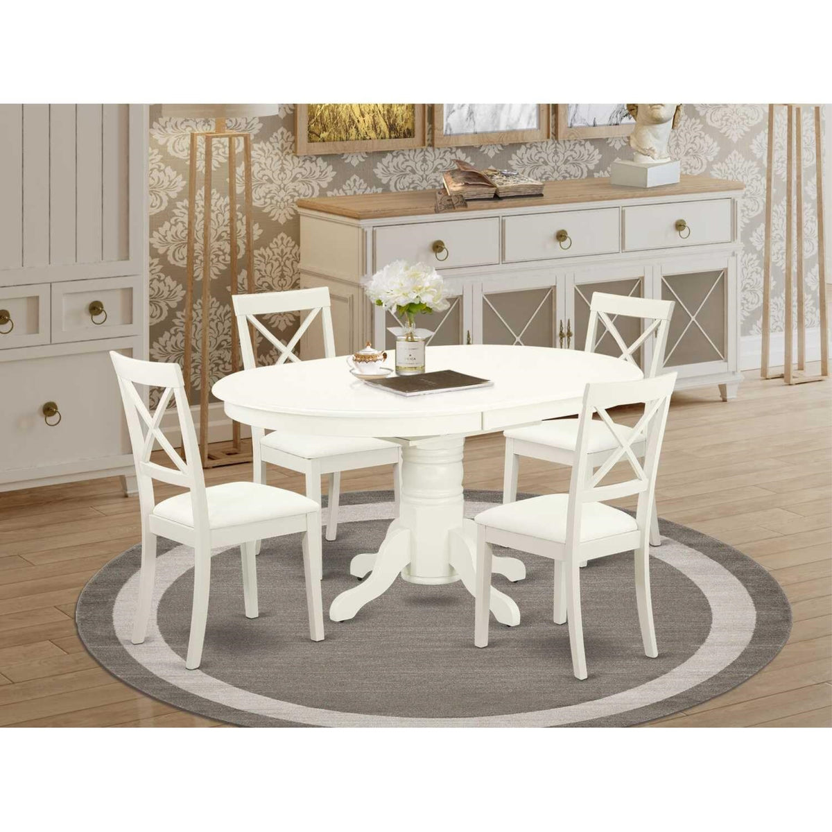 Casafoyer Avbo5-Lwh-Lc 5 Piece Dining Set Includes An Oval Dining Room Table With  Leaf And 4 Faux Leather Upholstered Chairs, 42X60 Inch, Linen White