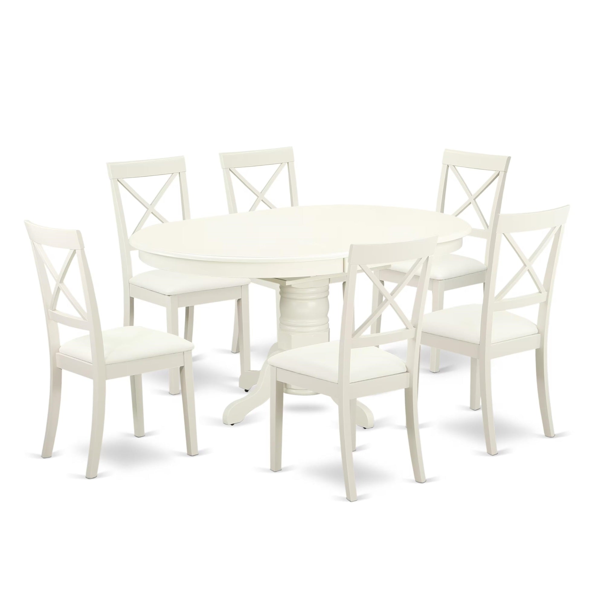 Casafoyer Avbo7-Lwh-Lc 7 Piece Dining Table Set Consist Of An Oval Dinner Table With  Leaf And 6 Faux Leather Dining Room Chairs, 42X60 Inch, Linen White