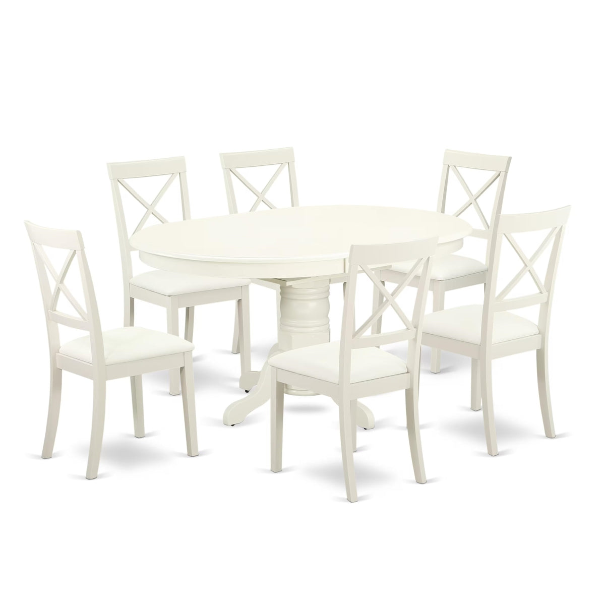 Casafoyer Avbo7-Lwh-Lc 7 Piece Dining Table Set Consist Of An Oval Dinner Table With  Leaf And 6 Faux Leather Dining Room Chairs, 42X60 Inch, Linen White