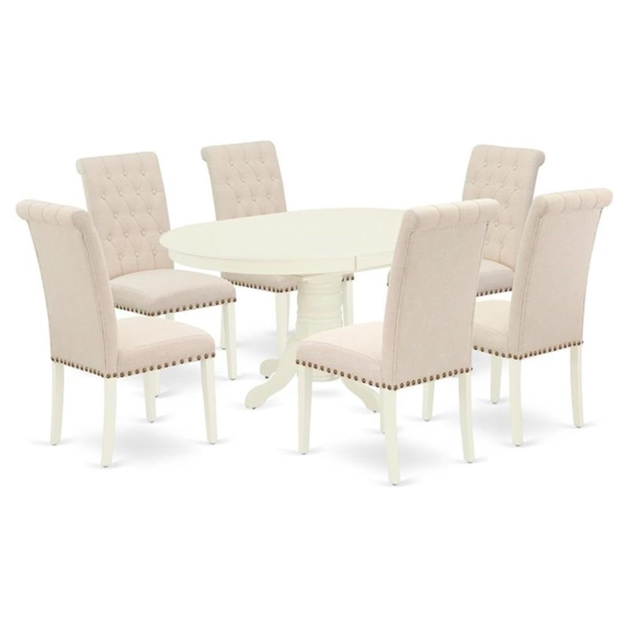 Casafoyer Avbr7-Lwh-02 7 Piece Kitchen Table Set Consist Of An Oval Dining Room Table With  Leaf And 6 Light Beige Linen Fabric Parson Chairs, 42X60 Inch, Linen White