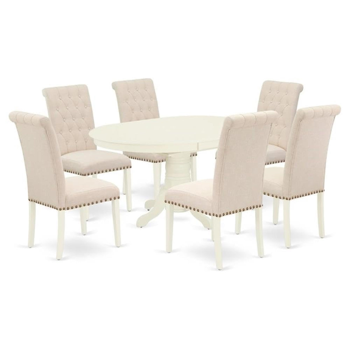 Casafoyer Avbr7-Lwh-02 7 Piece Kitchen Table Set Consist Of An Oval Dining Room Table With  Leaf And 6 Light Beige Linen Fabric Parson Chairs, 42X60 Inch, Linen White