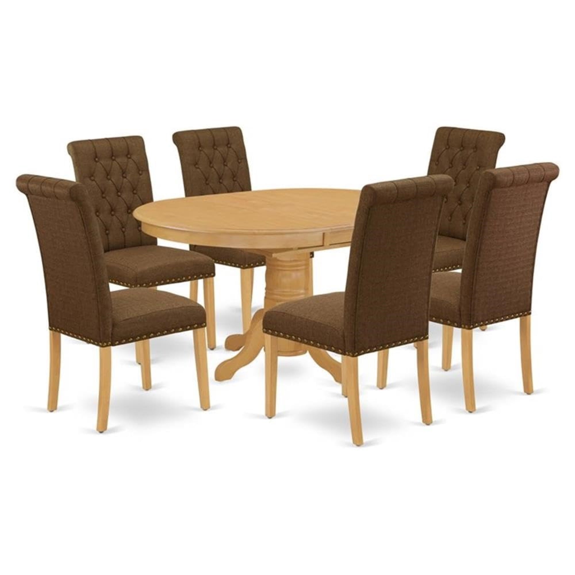 Casafoyer Avbr7-Oak-18 7 Piece Dining Room Furniture Set Consist Of An Oval Dinner Table With  Leaf And 6 Brown Linen Linen Fabric Parson Chairs, 42X60 Inch, Oak
