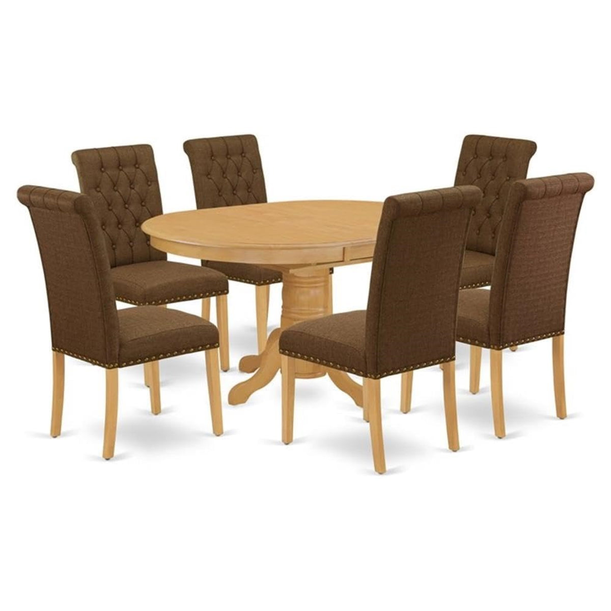Casafoyer Avbr7-Oak-18 7 Piece Dining Room Furniture Set Consist Of An Oval Dinner Table With  Leaf And 6 Brown Linen Linen Fabric Parson Chairs, 42X60 Inch, Oak