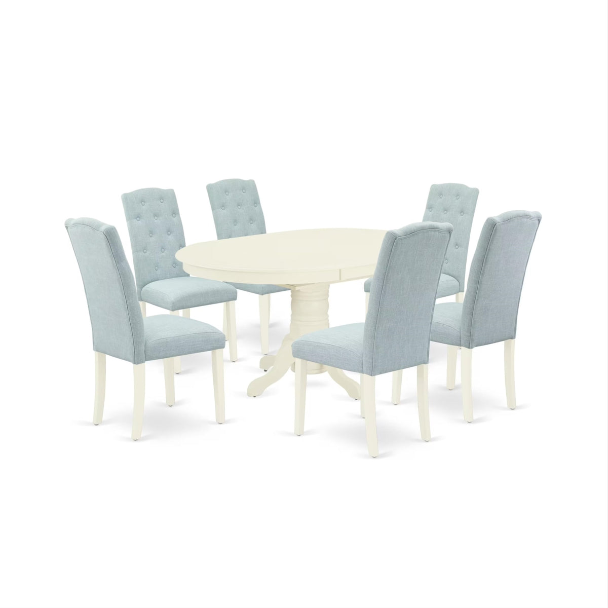 Casafoyer Avce7-Lwh-15 7 Piece Dinette Set Consist Of An Oval Dining Room Table With  Leaf And 6 Baby Blue Linen Fabric Upholstered Chairs, 42X60 Inch, Linen White