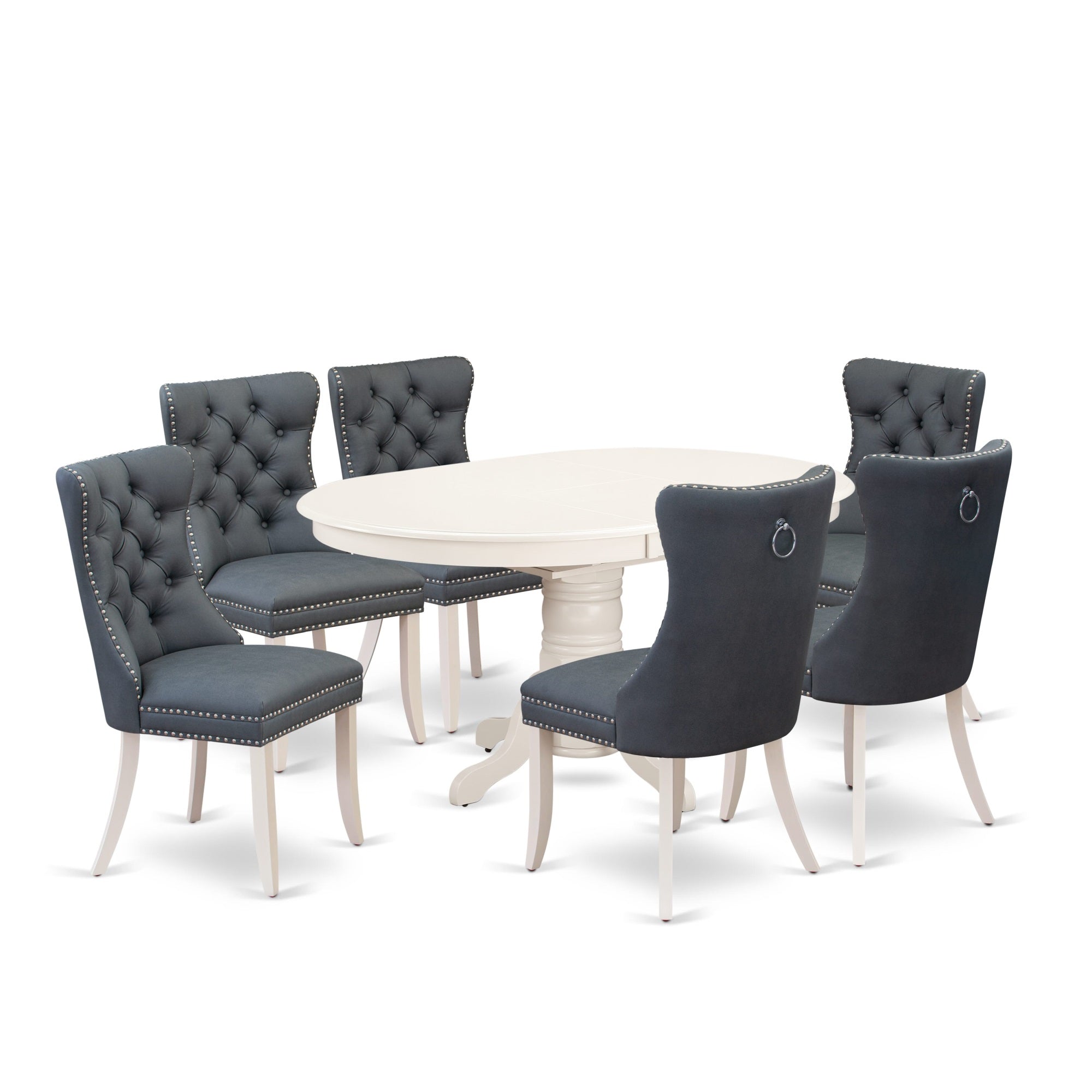 East West Furniture Avda7-Lwh-13 7 Piece Dining Set Contains An Oval Kitchen Table With Butterfly Leaf And 6 Upholstered Parson Chairs, 42X60 Inch, Linen White