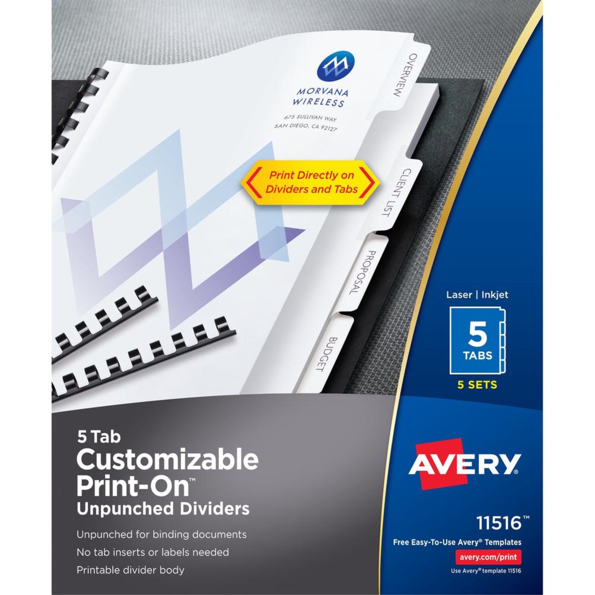 Avery&Reg; Unpunched Print-On Dividers - 25 X Divider(S) - Print-On Tab(S) - 5 - 5 Tab(S)/Set - 8.5 Divider Width X 11 Divider L