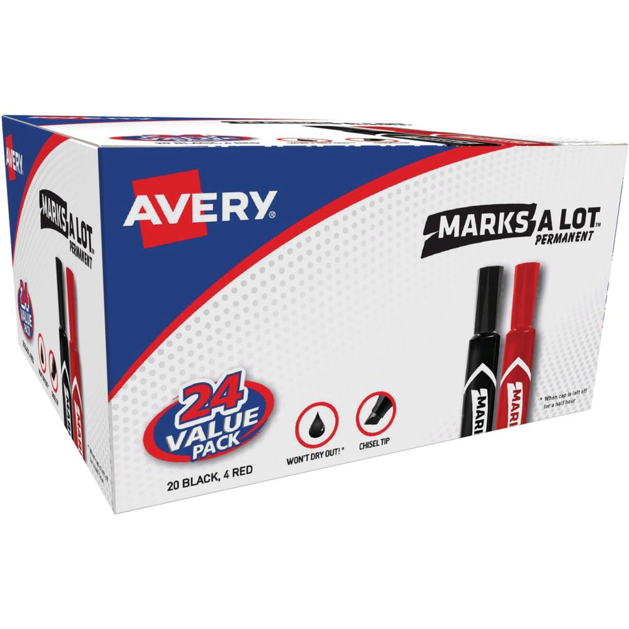 Avery&Reg; Permanent Markers - 4.7625 Mm Marker Point Size - Chisel Marker Point Style - Red, Black - 24 / Box