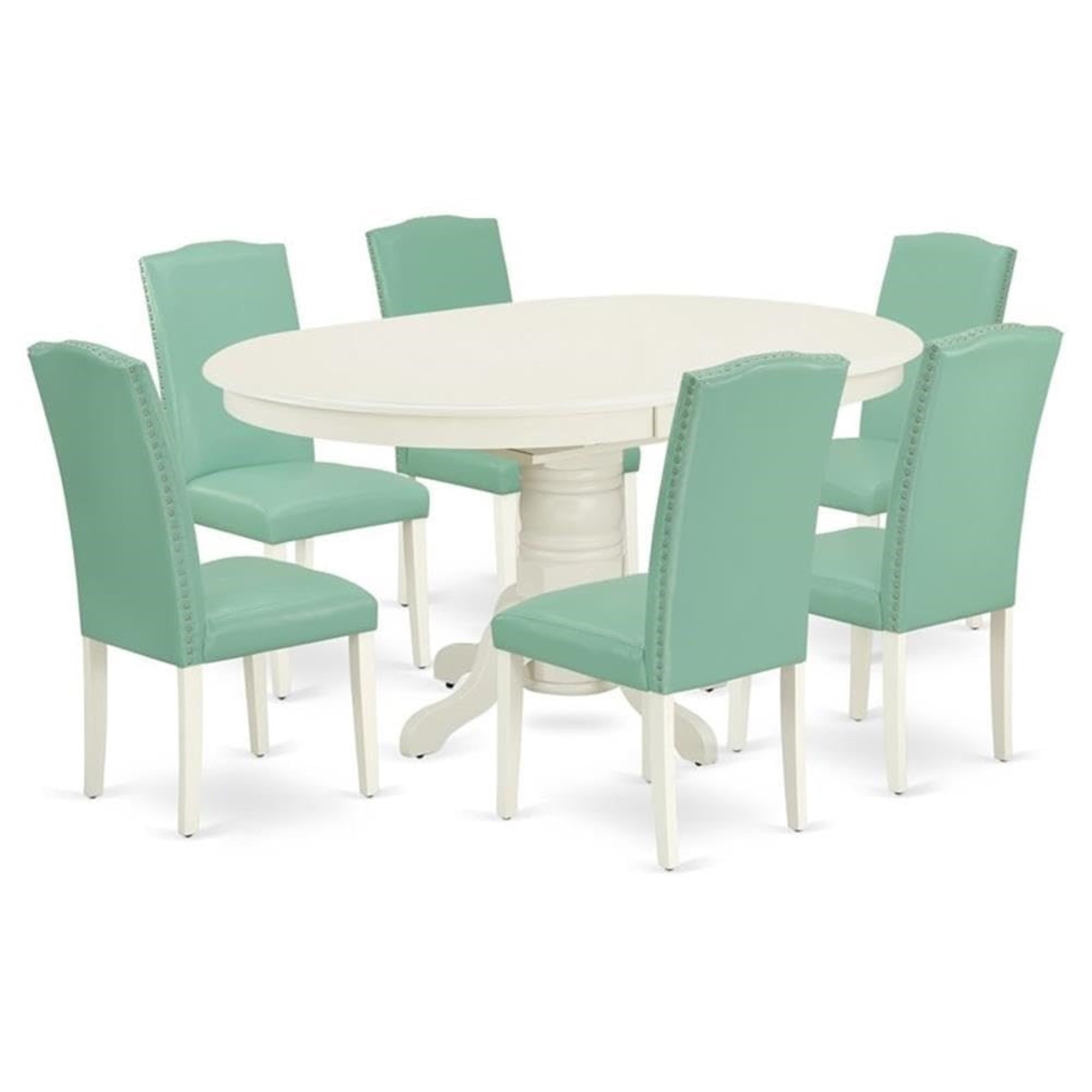 Casafoyer Aven7-Lwh-57 Avon 7 Piece Room Furniture Set Consist Of An Oval Wooden Table With  Leaf And 6 Pond Faux Leather Parsons Dining Chairs, 42X60 Inch, Linen White