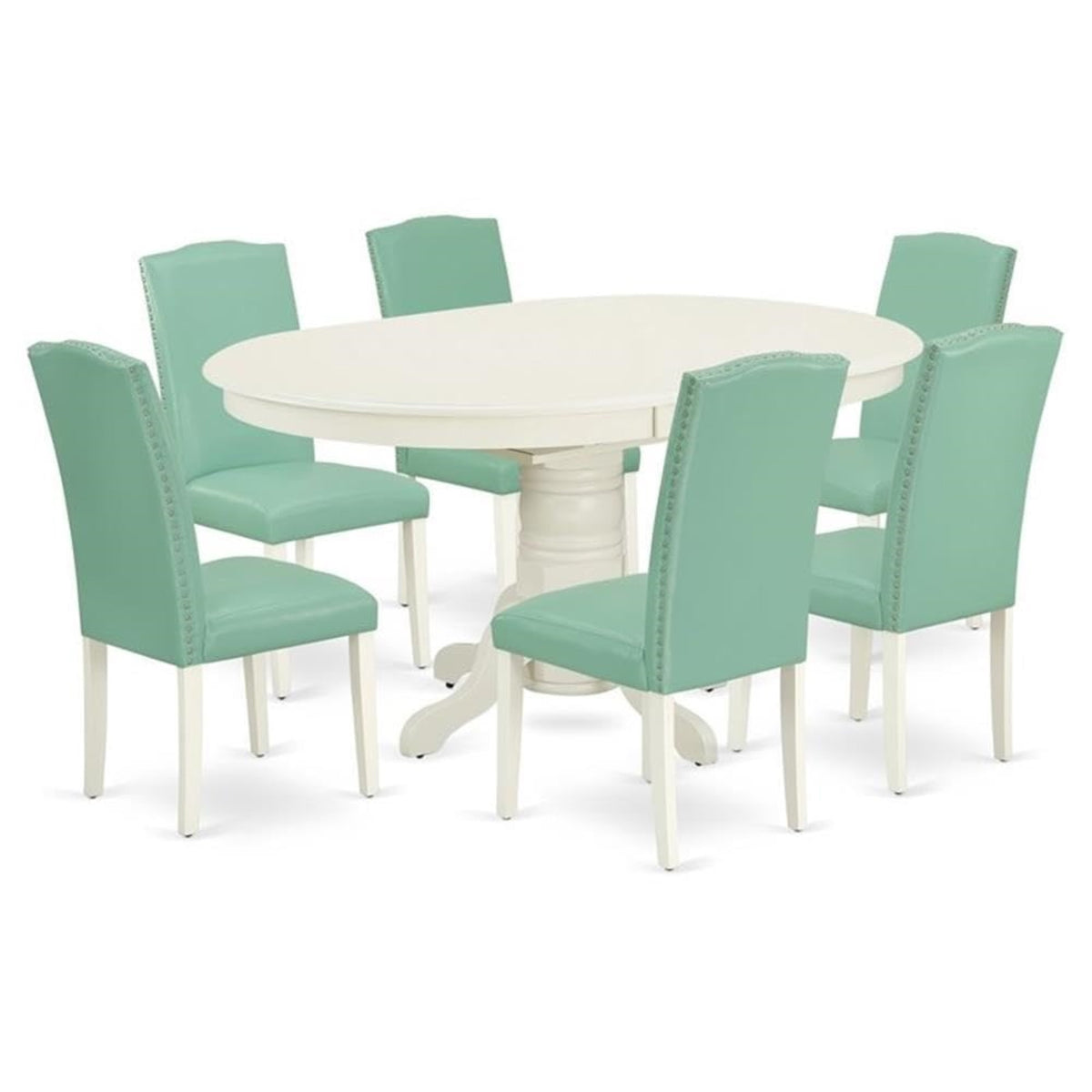 Casafoyer Aven7-Lwh-57 Avon 7 Piece Room Furniture Set Consist Of An Oval Wooden Table With  Leaf And 6 Pond Faux Leather Parsons Dining Chairs, 42X60 Inch, Linen White