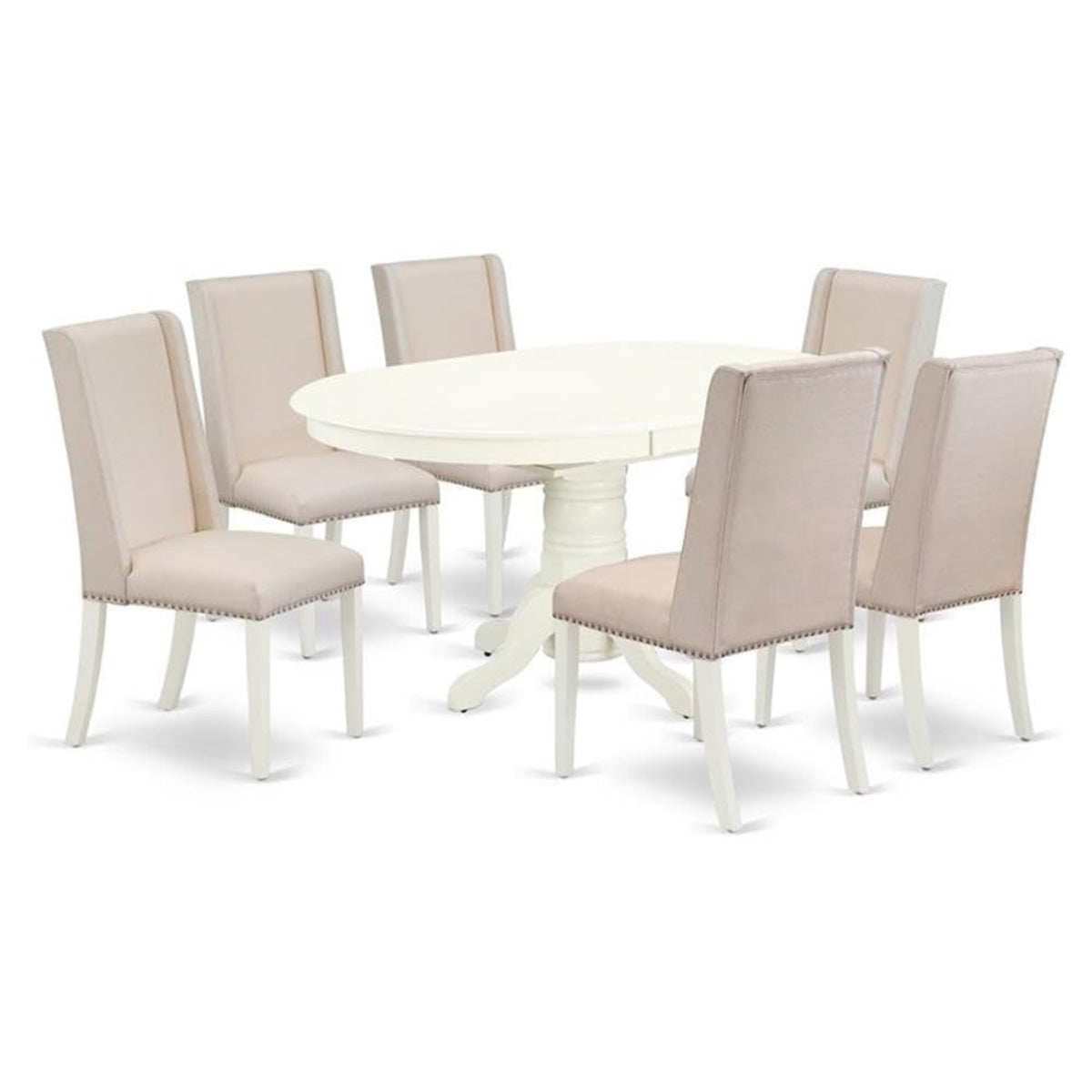 Casafoyer Avfl7-Lwh-01 Avon 7 Piece Set Consist Of An Oval Dining Room Table With  Leaf And 6 Cream Fabric Upholstered Parson Chairs, 42X60 Inch, Linen White