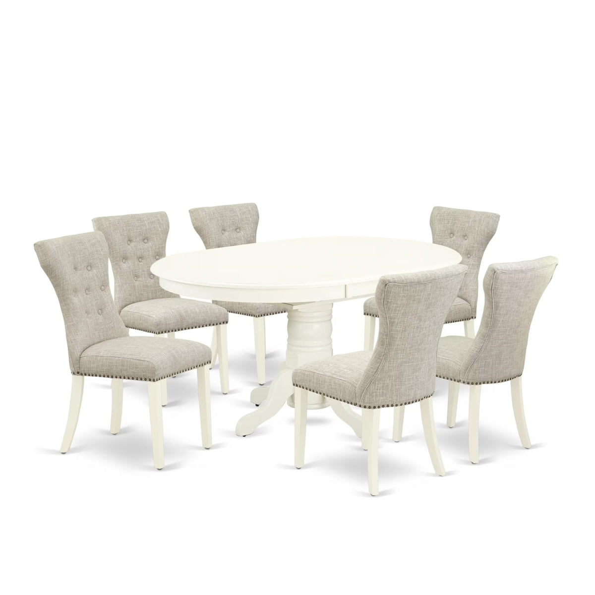 Casafoyer Avga7-Lwh-35 7 Piece Dining Room Furniture Set Consist Of An Oval Wooden Table With  Leaf And 6 Doeskin Linen Fabric Parson Chairs, 42X60 Inch, Linen White