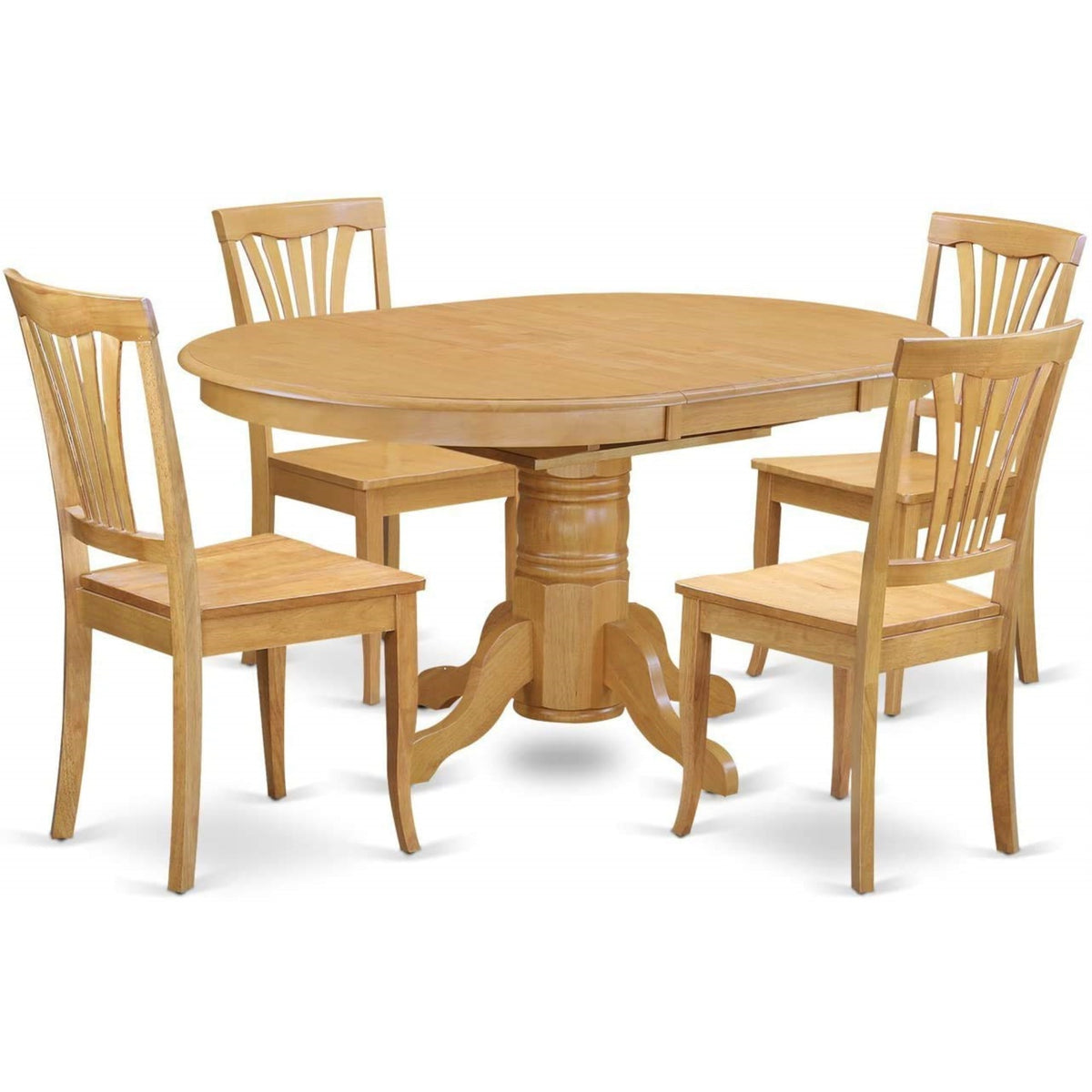 Avon5-Oak-W Kitchen Dining Set, 5-Piece Traditional Table Set, Oak Oval Tabletop, Pedestal Legs, High-Quality Asian Wood Chairs, Elegant Round Design, Easy To Move, Clean, Assemble, Includes 4 Chairs, Dimensions: Table - 60/42X42X30, Chairs - 22X18X36