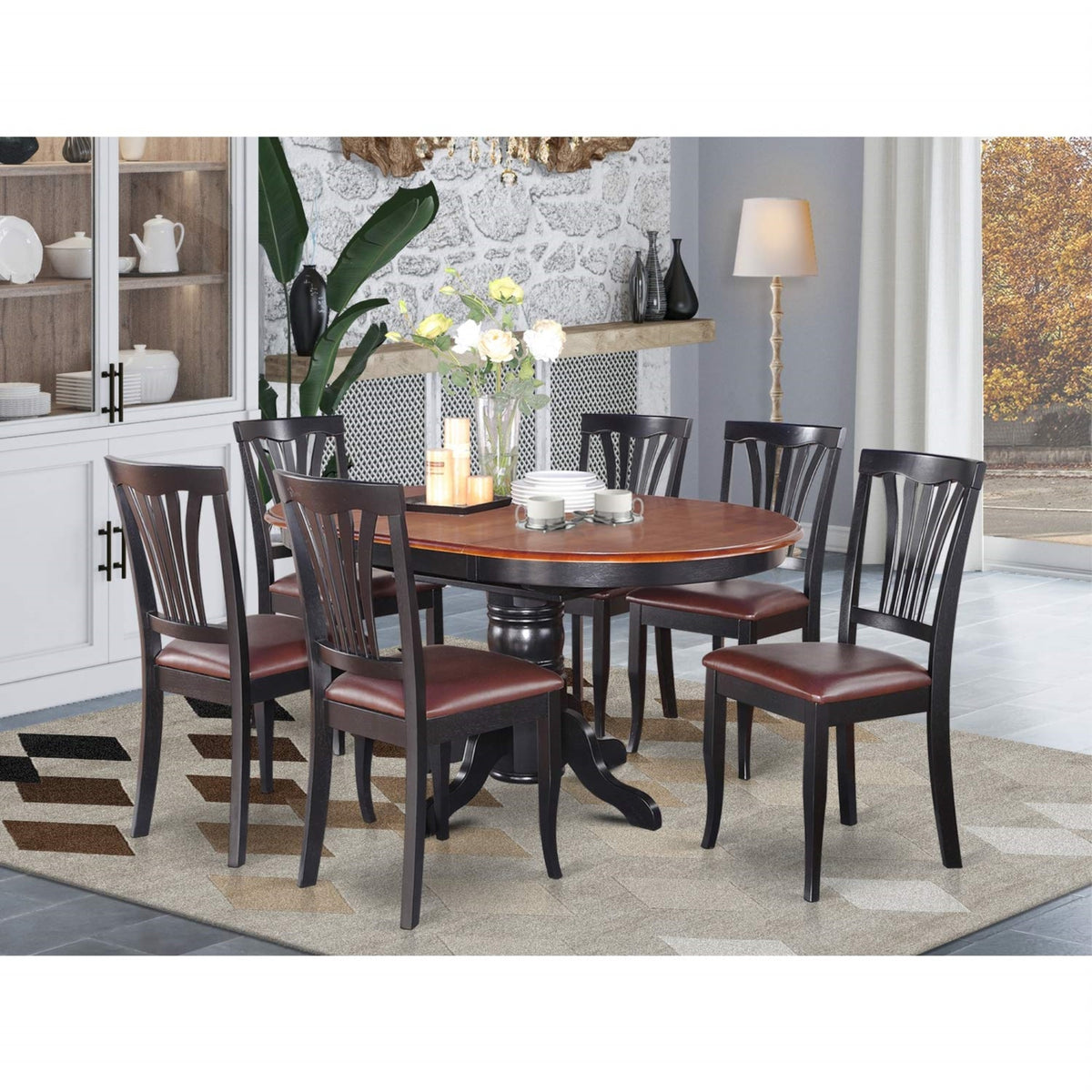 Casafoyer Avon 7 Piece Set Consist Of An Oval Dining Room Table With  Leaf And 6 Faux Leather Upholstered Chairs, 42X60 Inch, Black & Cherry