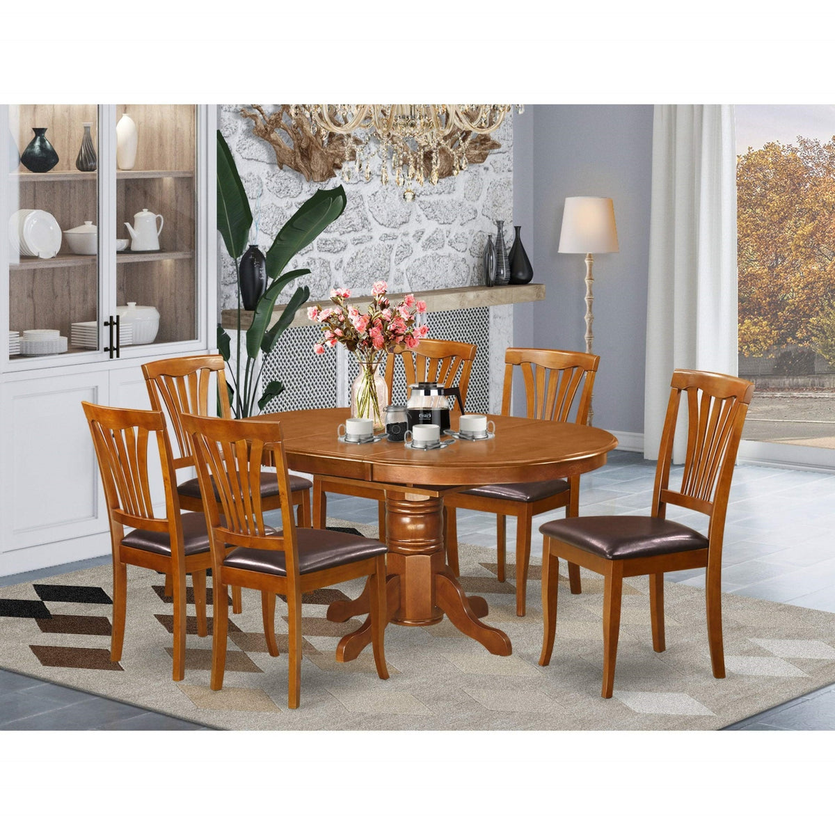 Casafoyer Avon 7 Piece Modern Set Consist Of An Oval Wooden Table With  Leaf And 6 Faux Leather Kitchen Dining Chairs, 42X60 Inch, Saddle Brown