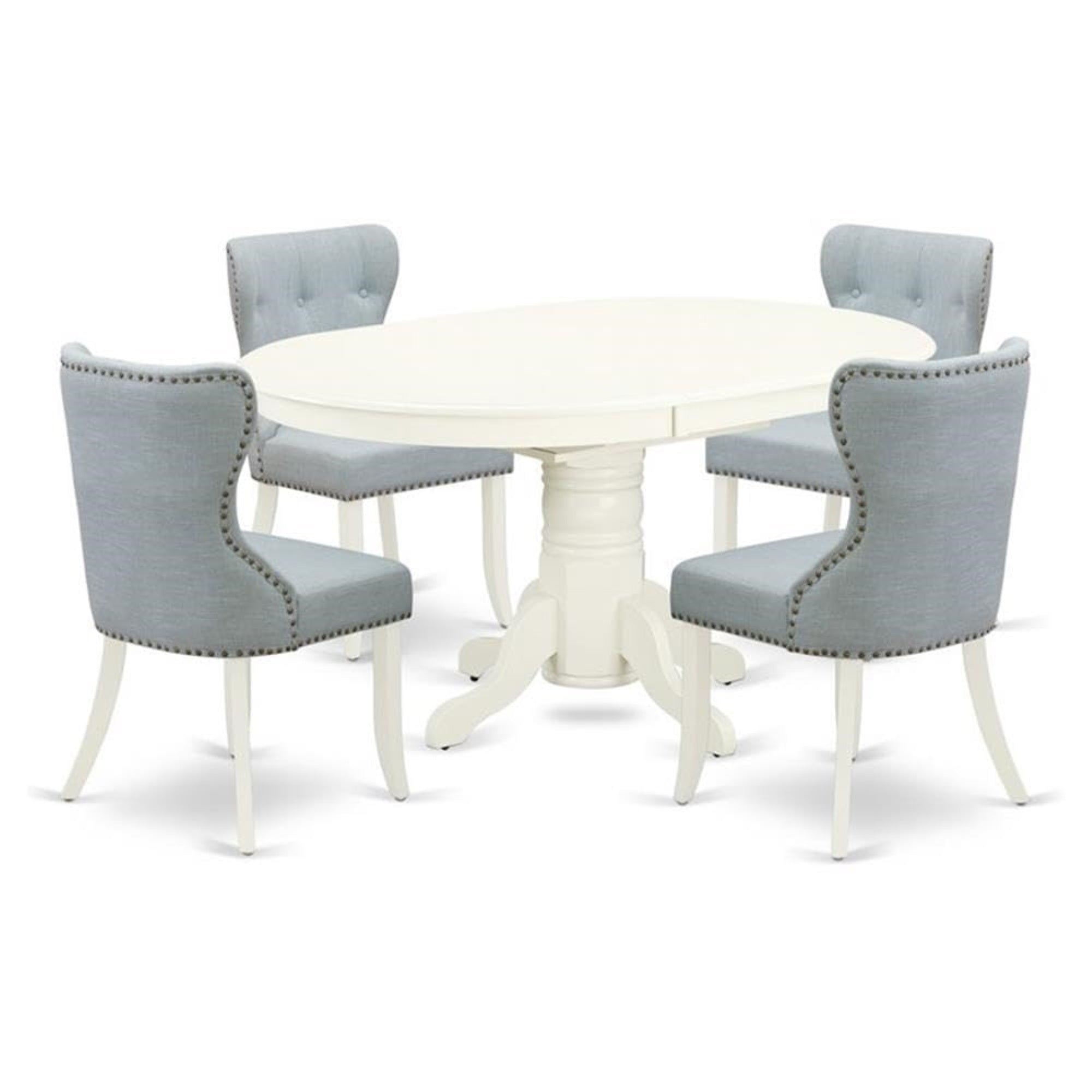 Casafoyer Avsi5-Lwh-15 5 Piece Kitchen Set For 4 Includes An Oval Dining Room Table With  Leaf And 4 Baby Blue Linen Fabric Parson Dining Chairs, 42X60 Inch, Linen White