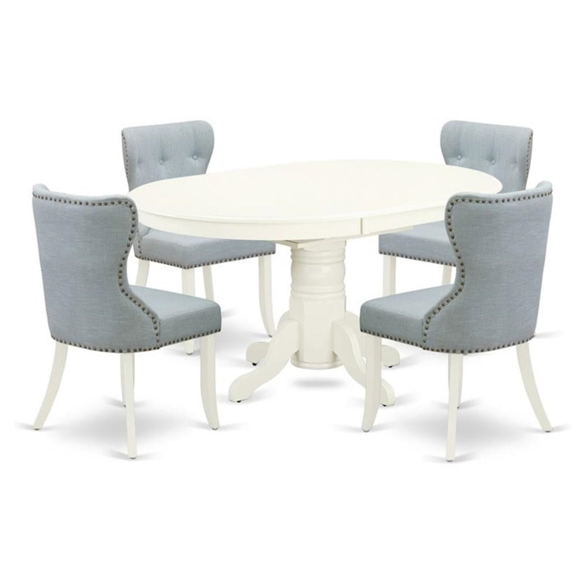 Casafoyer Avsi5-Lwh-15 5 Piece Kitchen Set For 4 Includes An Oval Dining Room Table With  Leaf And 4 Baby Blue Linen Fabric Parson Dining Chairs, 42X60 Inch, Linen White