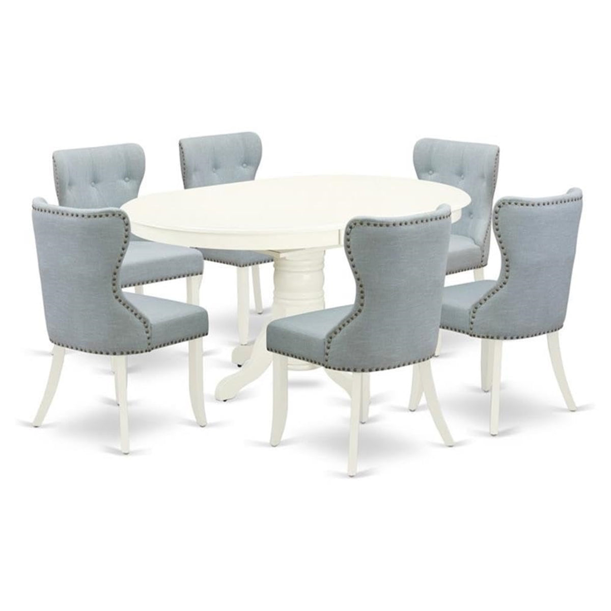 Casafoyer Avsi7-Lwh-15 Avon 7 Piece Dining Set Consist Of An Oval Kitchen Table With  Leaf And 6 Baby Blue Fabric Upholstered Chairs, Linen White
