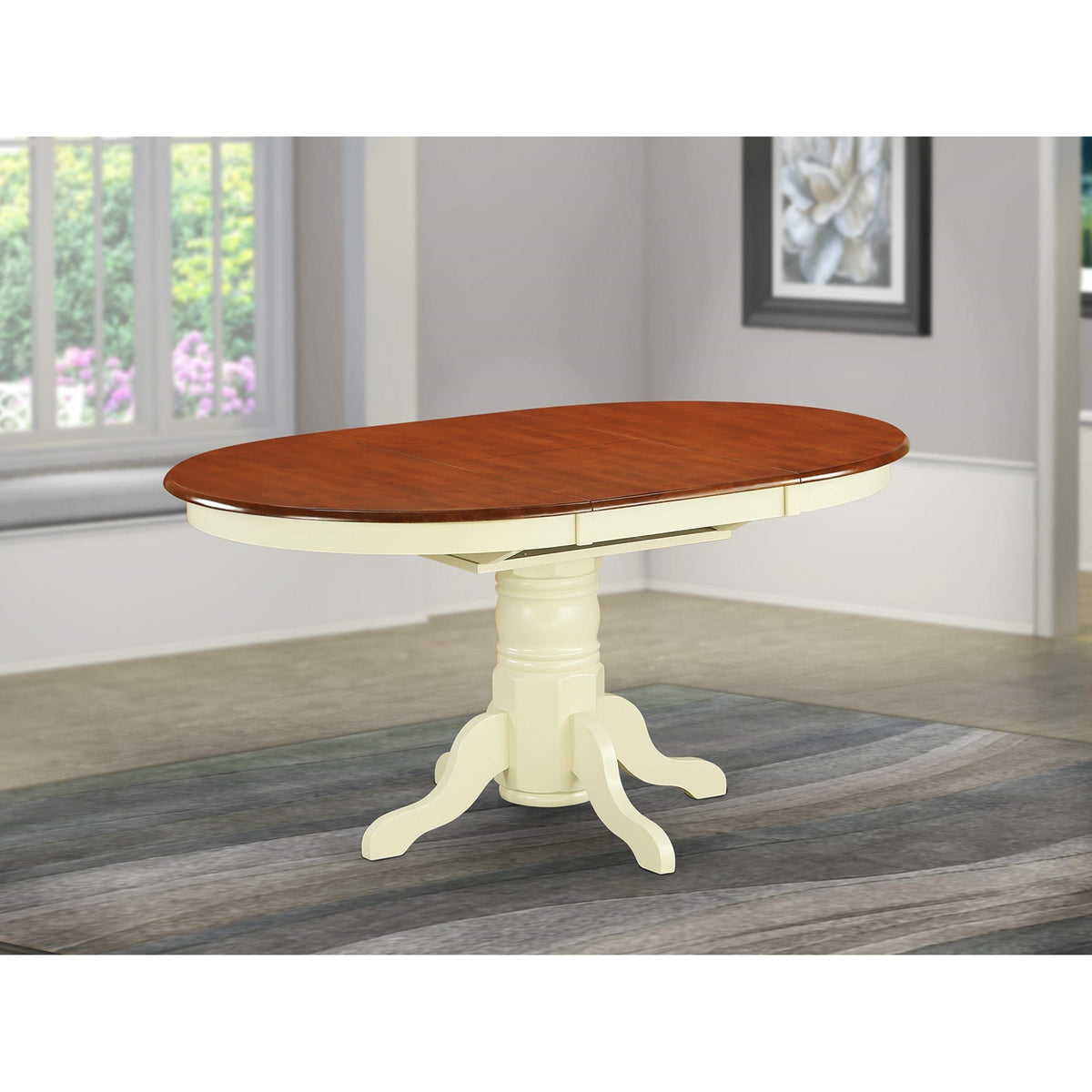 Casafoyer Avt-Whi-Tp Avon Dining Table - An Oval Wooden Table Top With  Leaf & Pedestal Base, 42X60 Inch, Buttermilk & Cherry